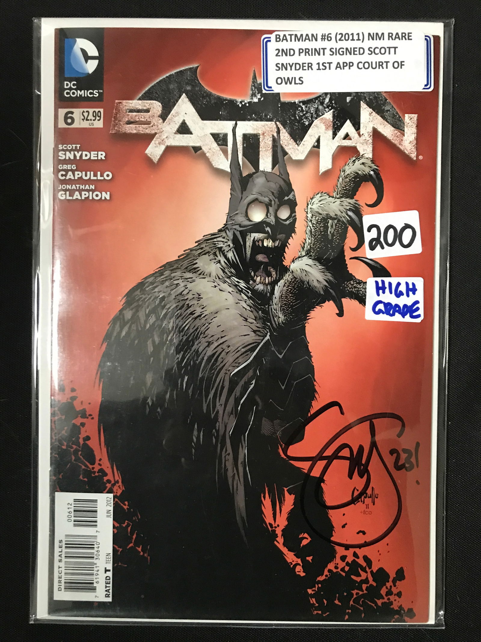 BATMAN #6 (2011) 2ND PRINT SIGNED BY SCOTT SNYDER 1ST APP COURT OF OWLS - DC COMICS (1 of 1)