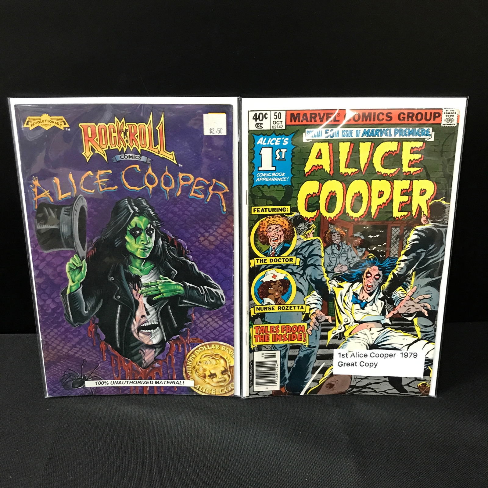 LOT OF 2 COMICS FEATURING ALICE COOPER INCLUDING HIS 1ST APPERANCE - MARVEL AND REVOLUTIONARY COMICS: Prices are in Canadian dollars
