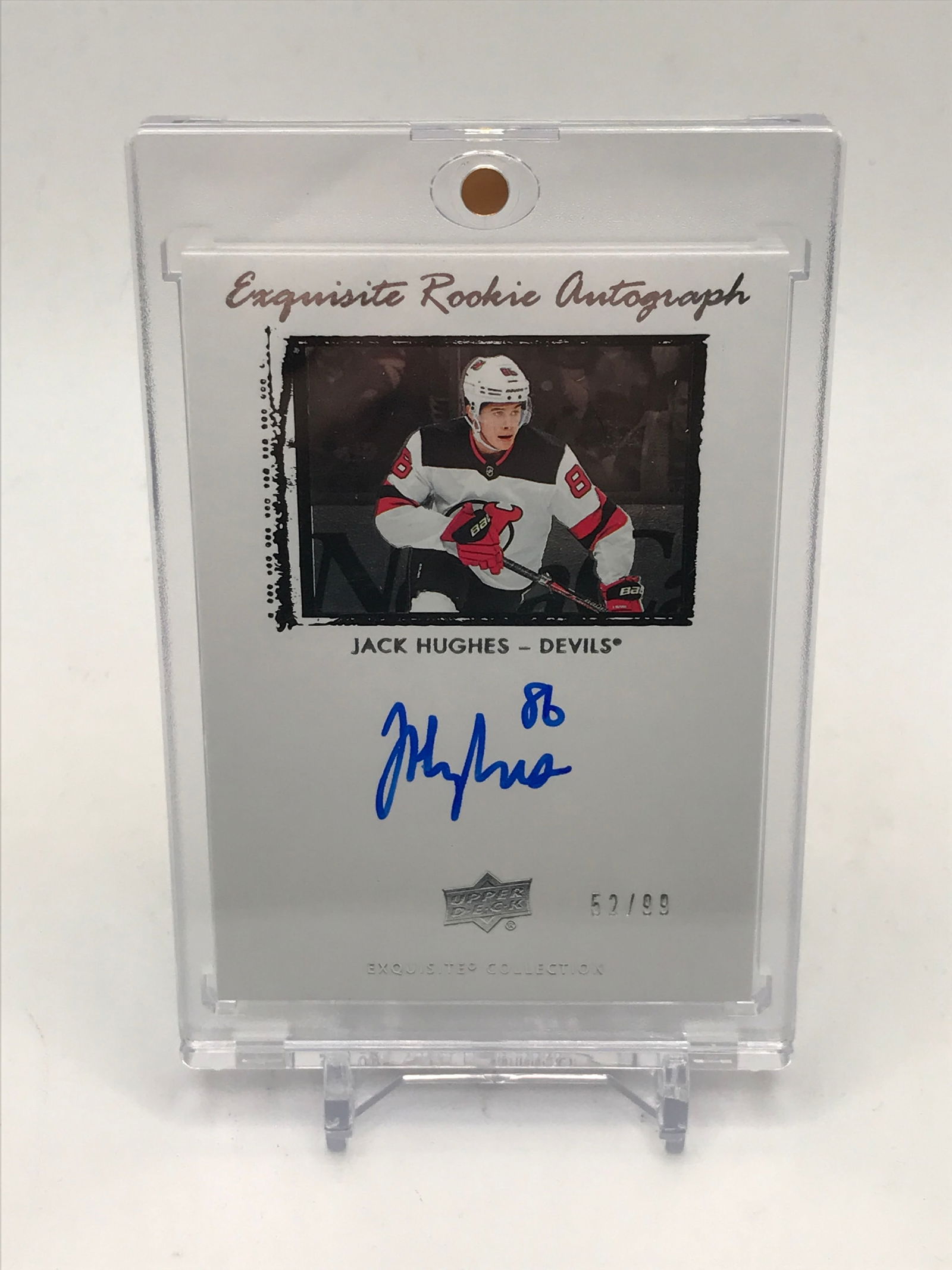 2019-20 UPPER DECK EXQUISITE HOCKEY COLLECTION JACK HUGHES SIGNED ROOKIE CARD 52/99 (1 of 2)