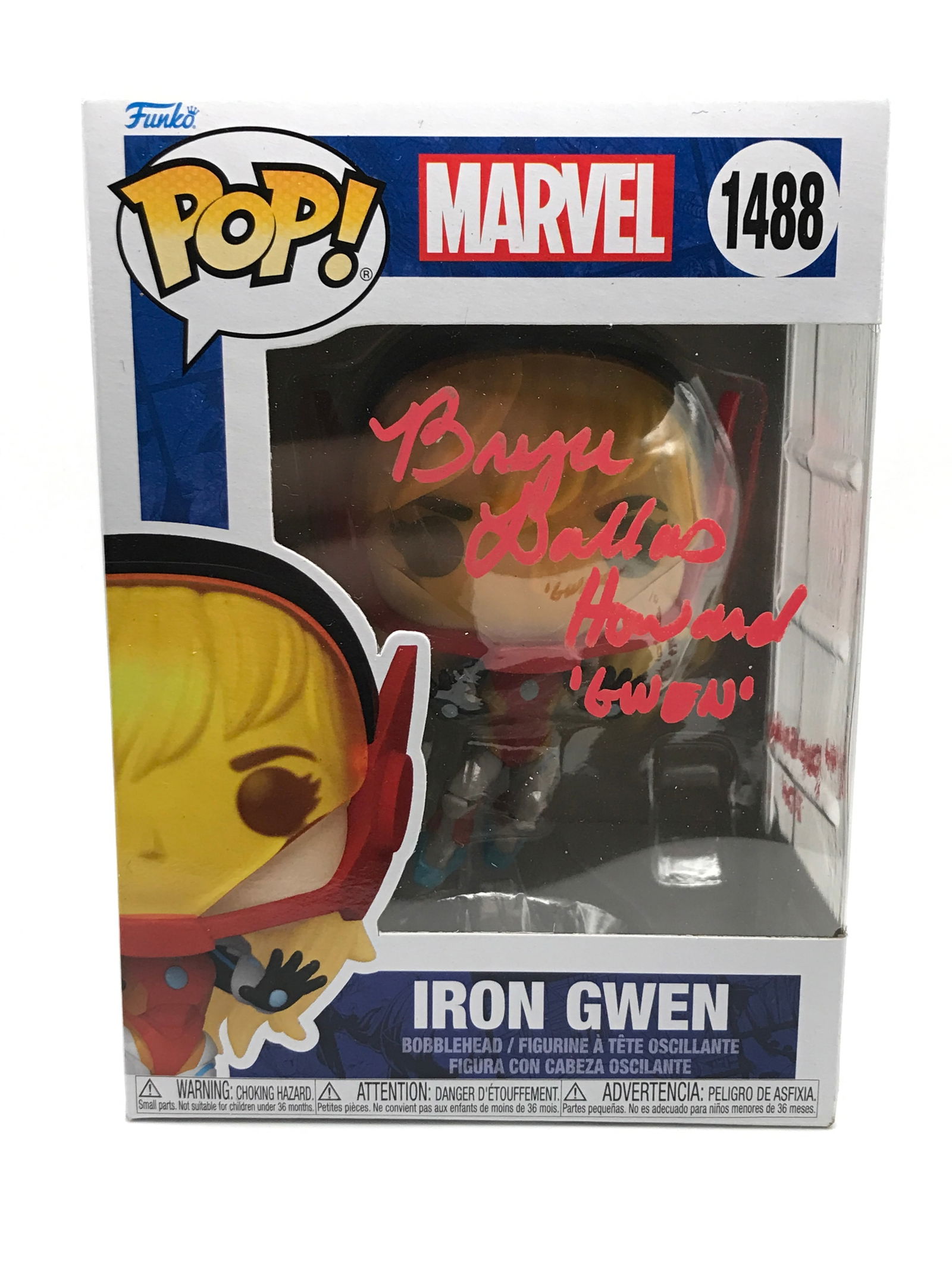 BRYCE DALLAS HOWARD SIGNED IRON GWEN WITH '1ST POP SIGNED BDH' INSCRIPTION - WWOC COA: Prices are in Canadian dollars