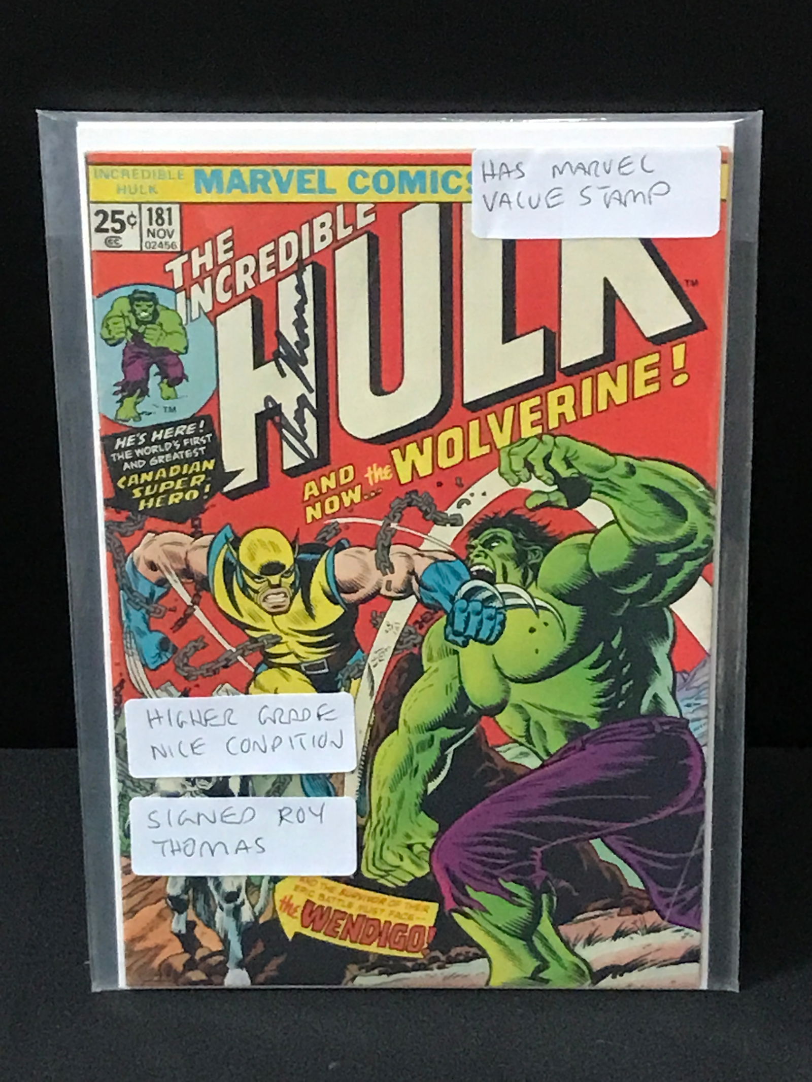 BIG KEY THE INCREDIBLE HULK 181 (1ST APP WOLVERINE) SIGNED BY ROY THOMAS NICE CONDITION (1 of 1)