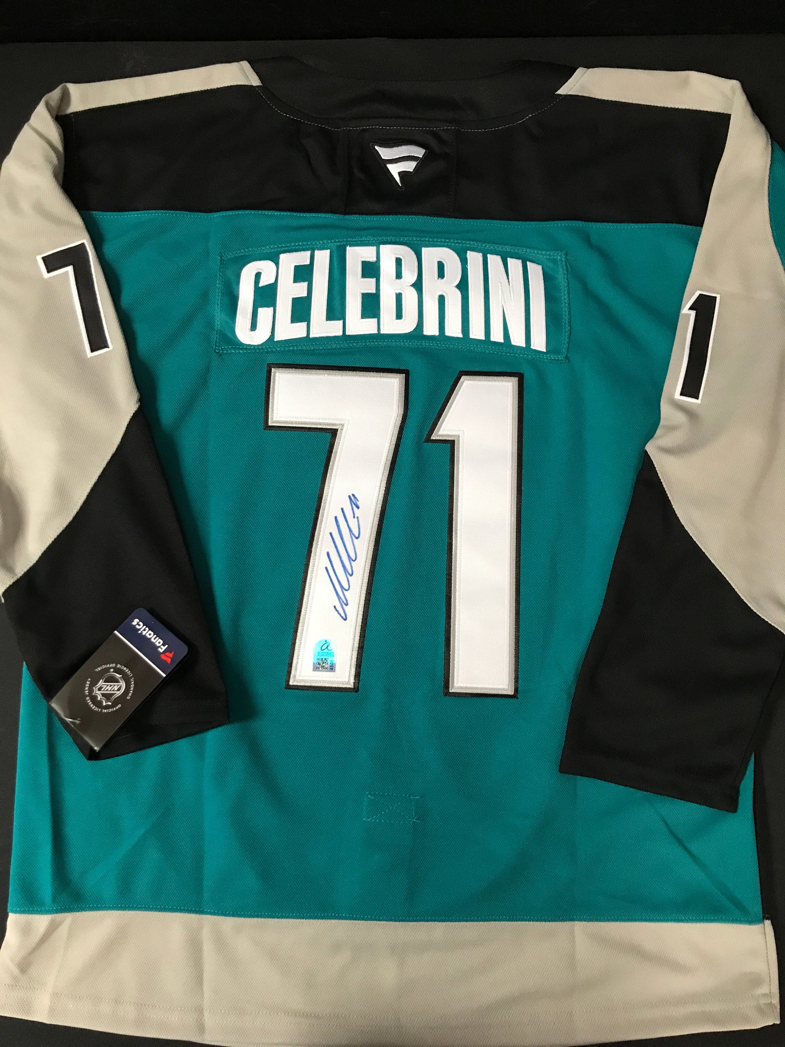 MACKLIN CELEBRINI SIGNED SAN JOSE SHARKS CUSTOM JERSEY - AUTOGRAPH ADDICTS COA: Prices are in Canadian dollars