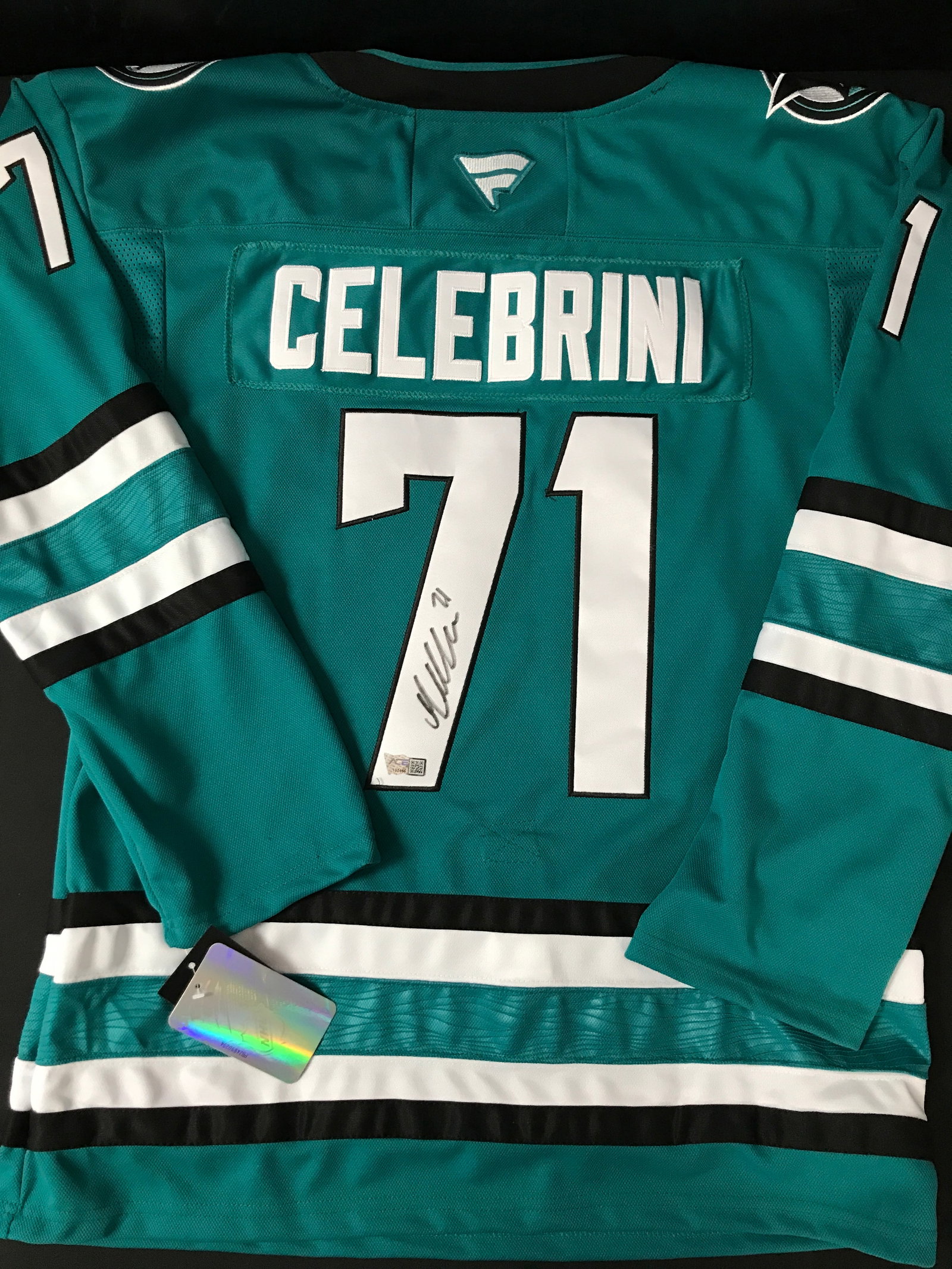 MACKLIN CELEBRINI SIGNED SAN JOSE SHARKS CUSTOM JERSEY - ACE COA: Prices are in Canadian dollars