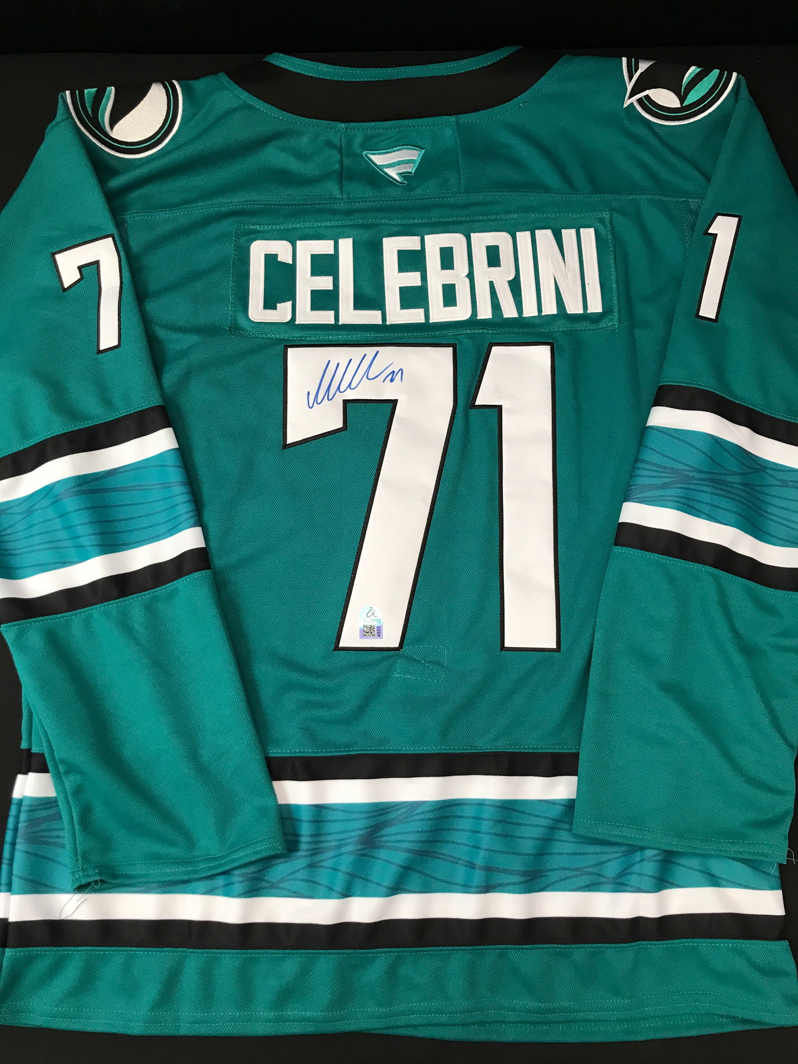 MACKLIN CELEBRINI SIGNED SAN JOSE SHARKS CUSTOM JERSEY - AUTOGRAPH ADDICTS COA: Prices are in Canadian dollars