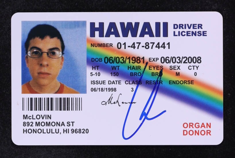CHRISTOPHER MINTZ PLASSE SIGNED MCLOVIN DRIVING LICENSE - PSA COA: Prices are in Canadian dollars