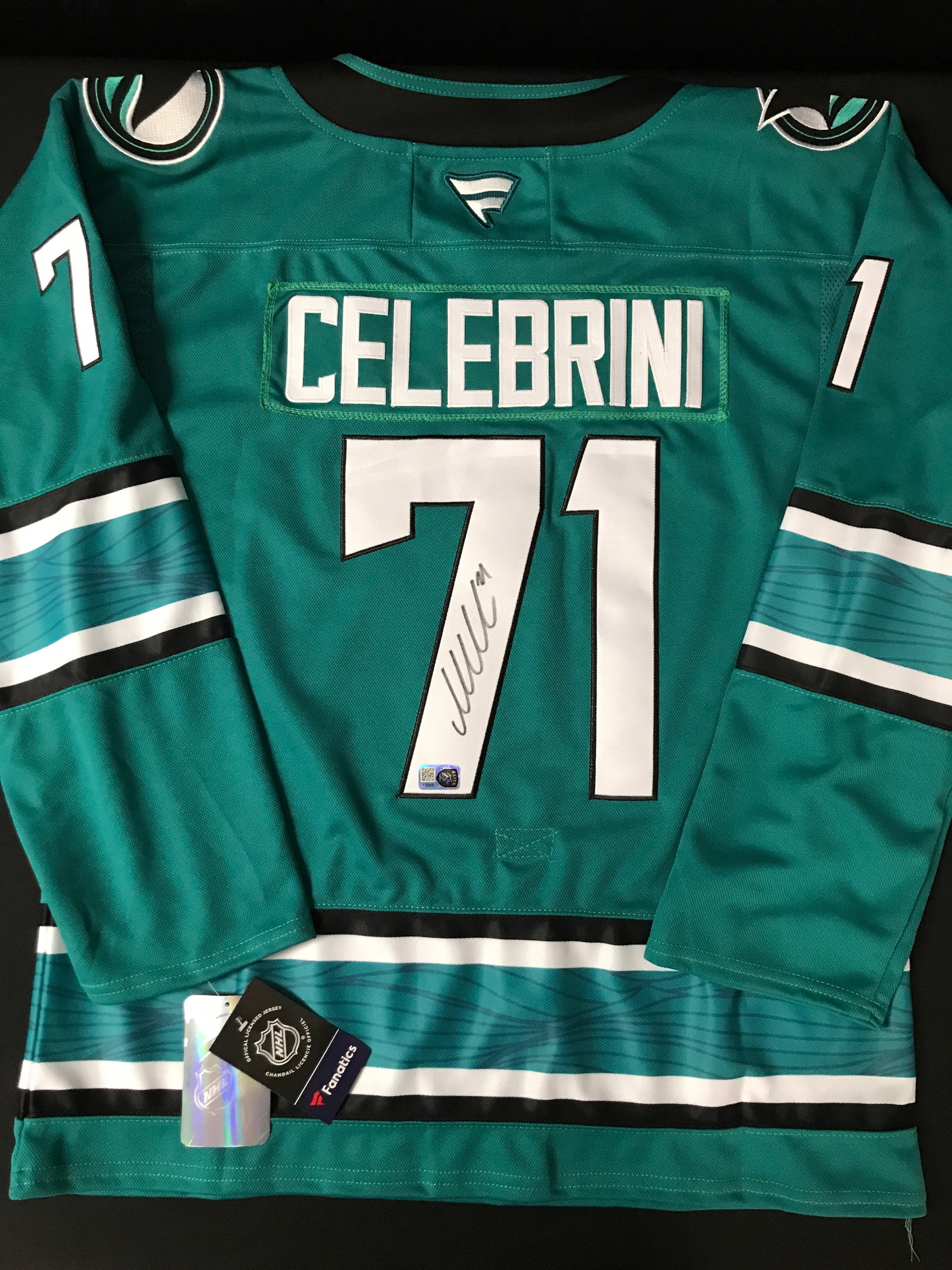 MACKLIN CELEBRINI SIGNED SAN JOSE SHARKS CUSTOM JERSEY - ELITE SPORTS COA: Prices are in Canadian dollars