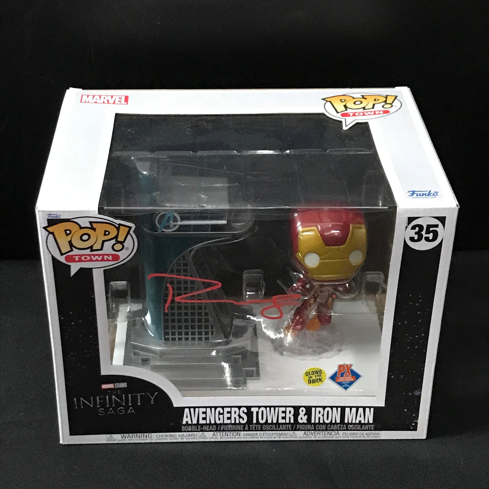 ROBERT DOWNEY JR SIGNED AVENGERS TOWER AND IRON MAN FUNKO POP - KB COA: Prices are in Canadian dollars
