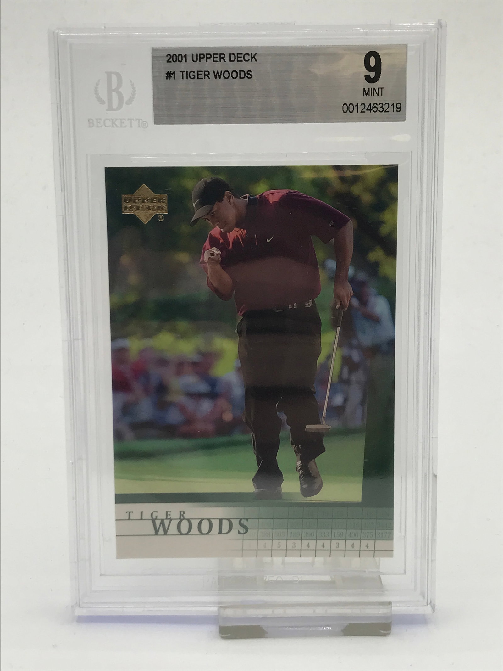 2001 UPPER DECK #1 TIGER WOODS TRADING CARD - BECKETT GRADE 9 (1 of 2)