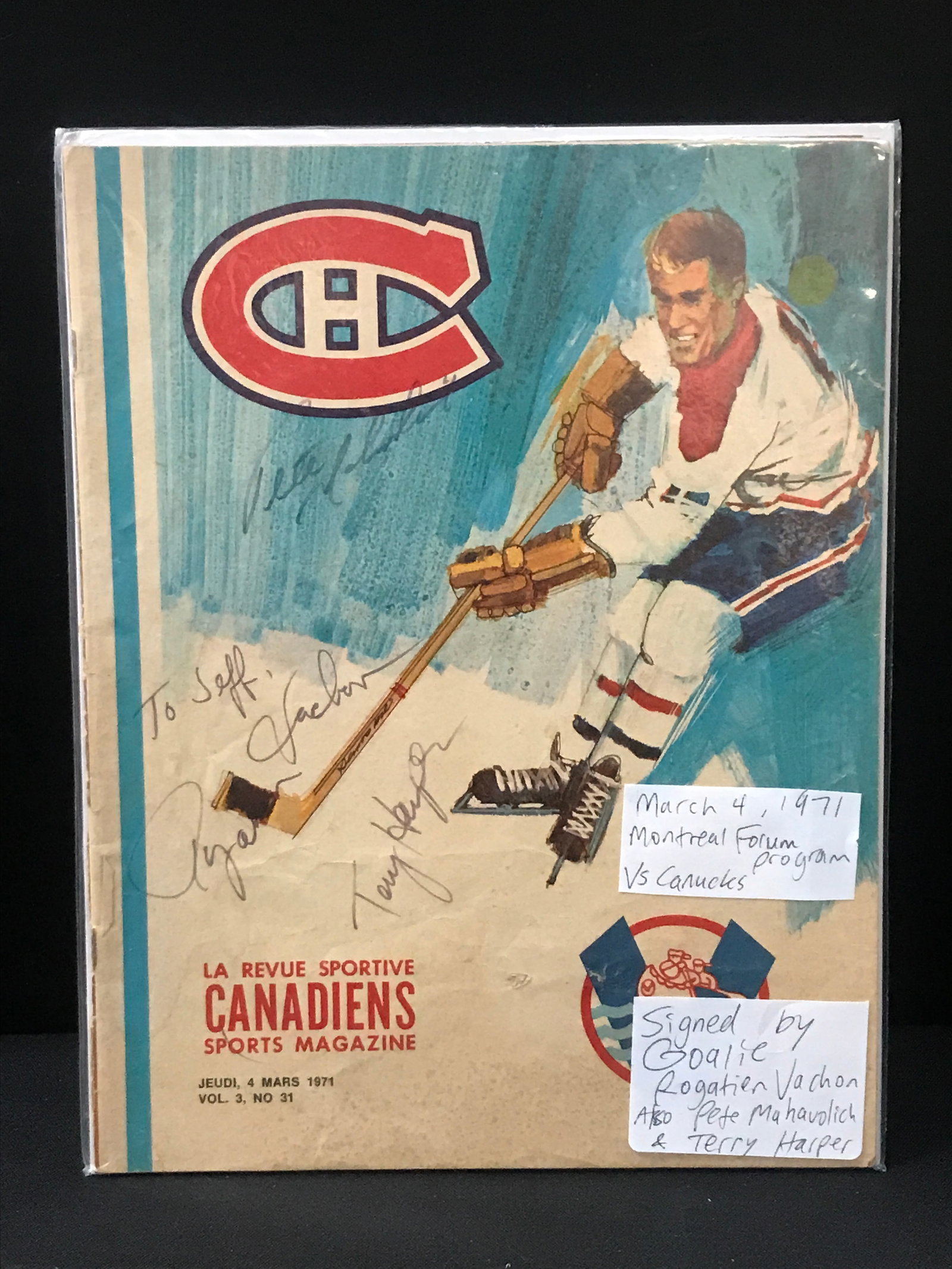 MARCH 4TH 1971 MONTREAL FORUM PROGRAM VS CANUCKS SIGNED BY 3: VACHON, MAHAVOLICH & HARPER: Prices are in Canadian dollars