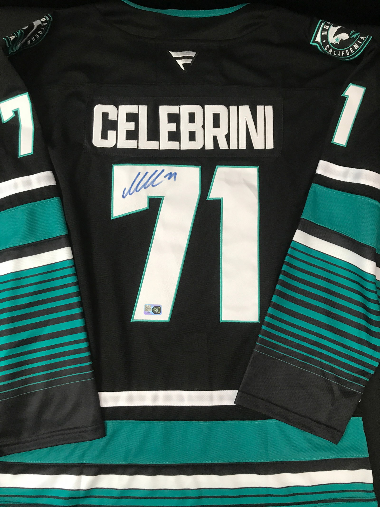 MACKLIN CELEBRINI SIGNED SAN JOSE SHARKS CUSTOM JERSEY - ELITE SPORT COA: Prices are in Canadian dollars