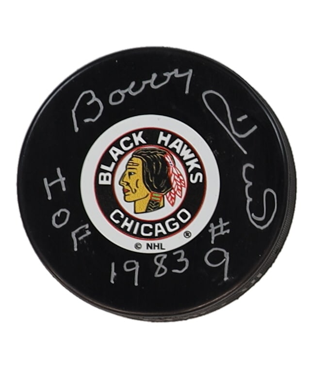 BOBBY HULL SIGNED AND INSCRIBED CHICAGO HOCKEY PUCK (BECKETT COA) (1 of 2)