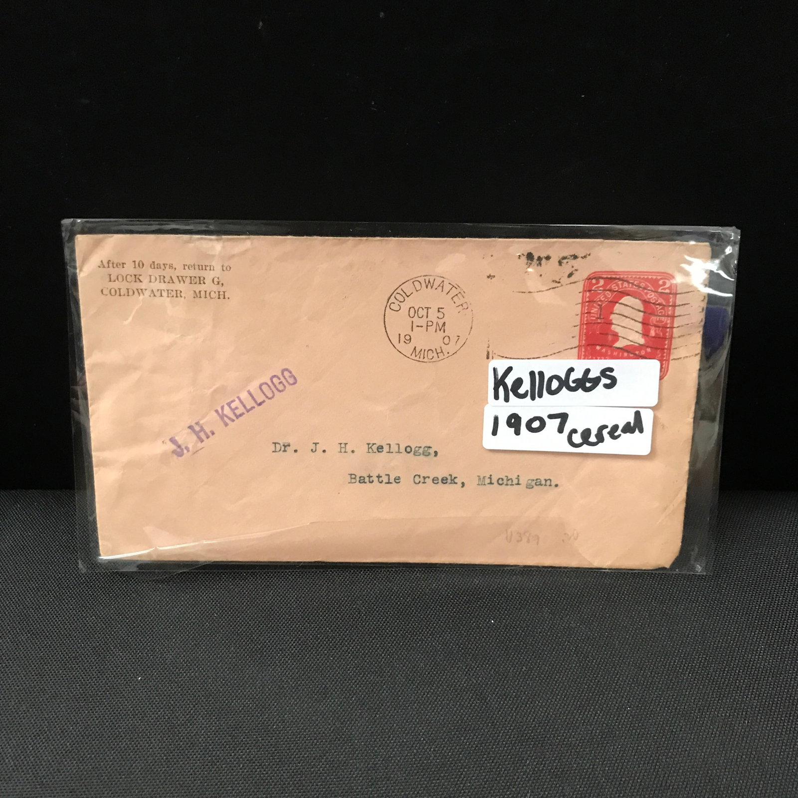 1907 CANADIAN STAMP MAIL ADDRESSED TO J.H KELLOGG (KELLOGGS CEREAL FOUNDER) (1 of 1)