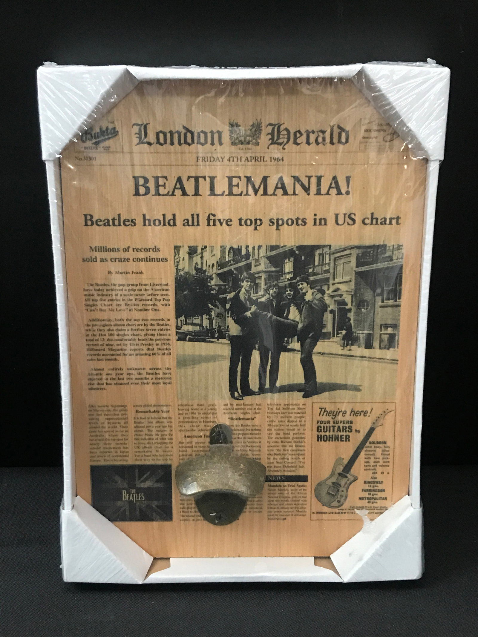 LONDON HERALD FRIDAY 4TH APRIL 1964 BEATLEMANI NEWSPAPER DISPLAY BOTTLE OPENER: Prices are in Canadian dollars