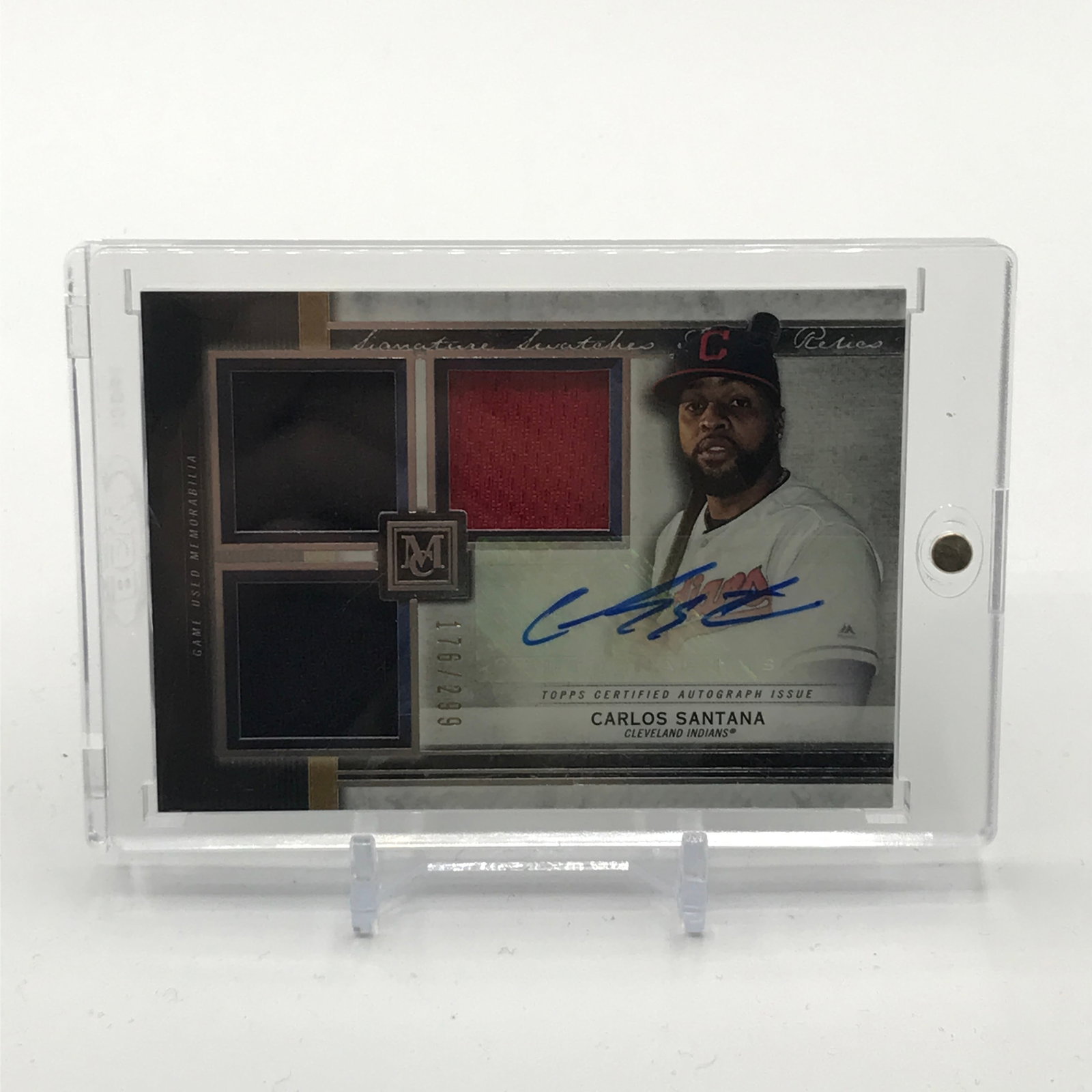 TOPPS CERTIFIED AUTOGRAPH ISSUE CARLOS SANTANA SIGNDED TRIPLE GAME WORN PATCH TRADING CARD 176/299 (1 of 1)