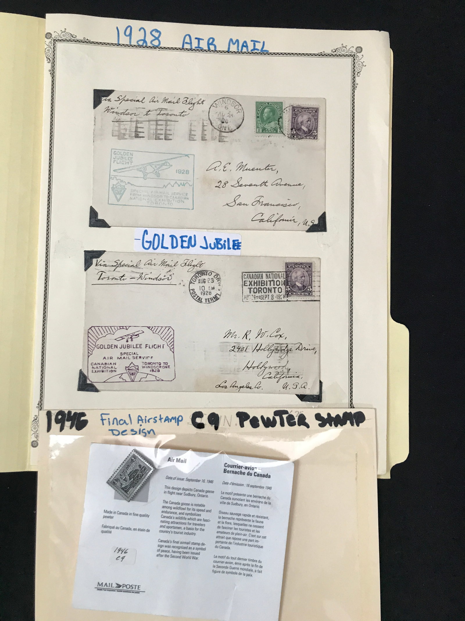 COLLECTION OF 3 STAMPS - 1928 AIR MAIL, GOLDEN JUBILEE & 1946 C9 PEWTER STAMP FINAL AIRSTAMP DESIGN (1 of 1)
