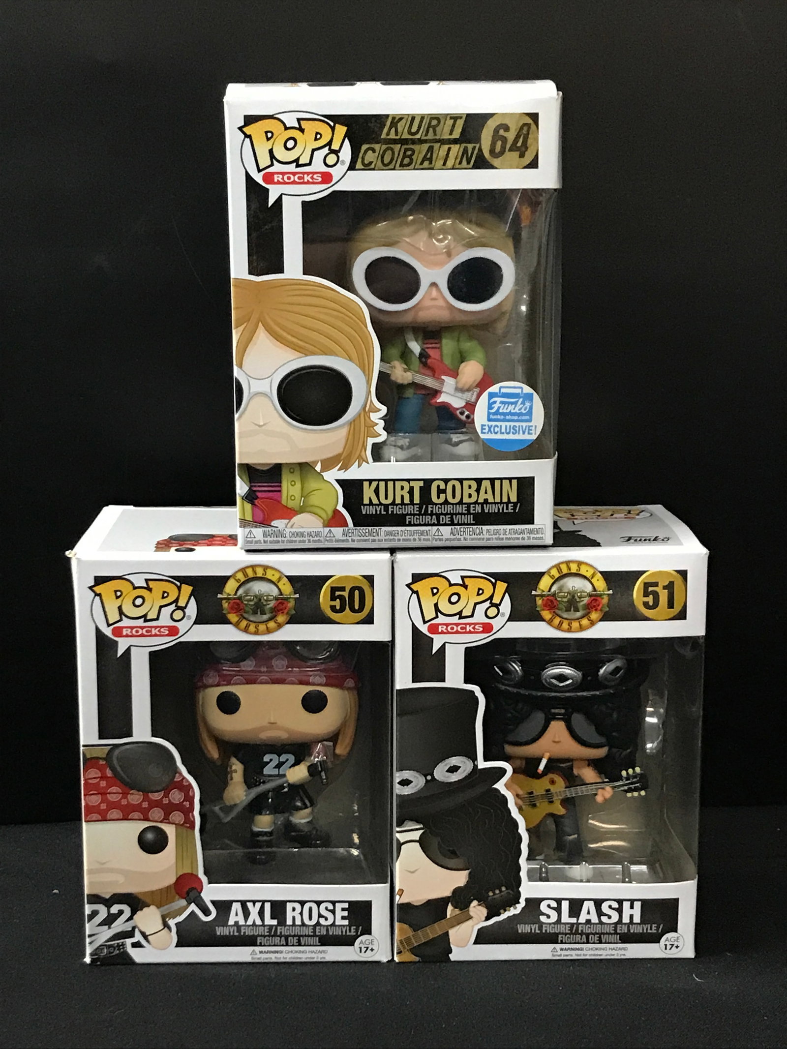 LOT OF 3 FUNKO POPS KURT COBAIN AND GUNS N' ROSES: Prices are in Canadian Dollars