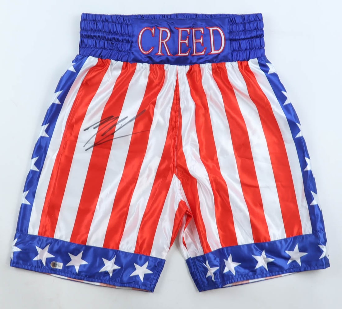 MICHAEL B JORDAN SIGNED CREED BOXING TRUNKS (BECKETT COA): Prices are in Canadian Dollars