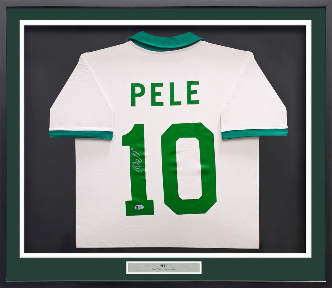 PELE SIGNED AND FRAMED NEW YORK COSMOS SOCCER JERSEY - BECKETT COA: Prices are in Canadian dollars