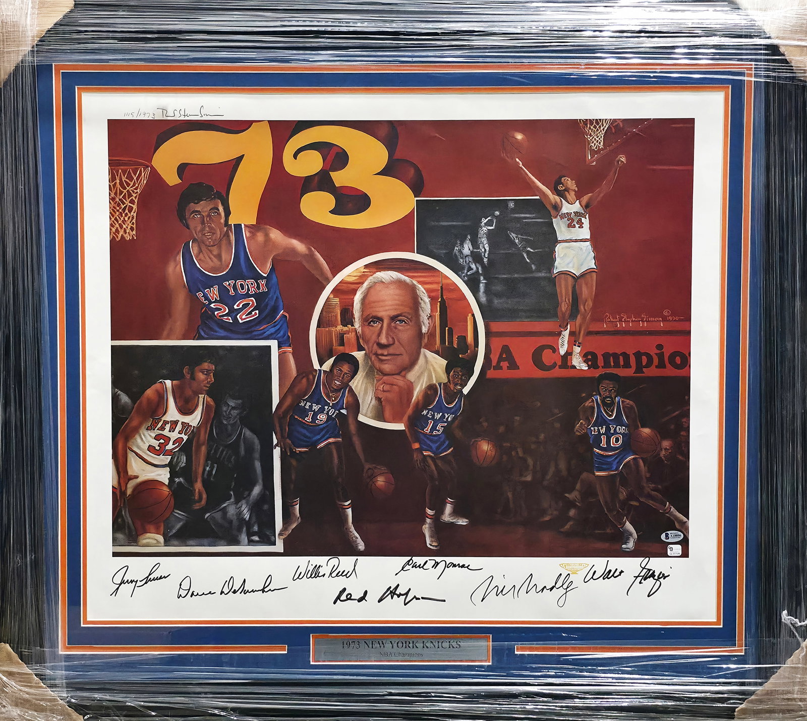 1973 New York Knicks Autographed Framed 24x30 Lithograph signed by 7 (Beckett coa): his is a Framed 24x30 Lithograph Photo, approximately 33x37 with the frame, that has been hand signed by members of 1973 New York Knicks. Signatures include Jerry Lucas, Dave DeBusschere, Willis Reed,