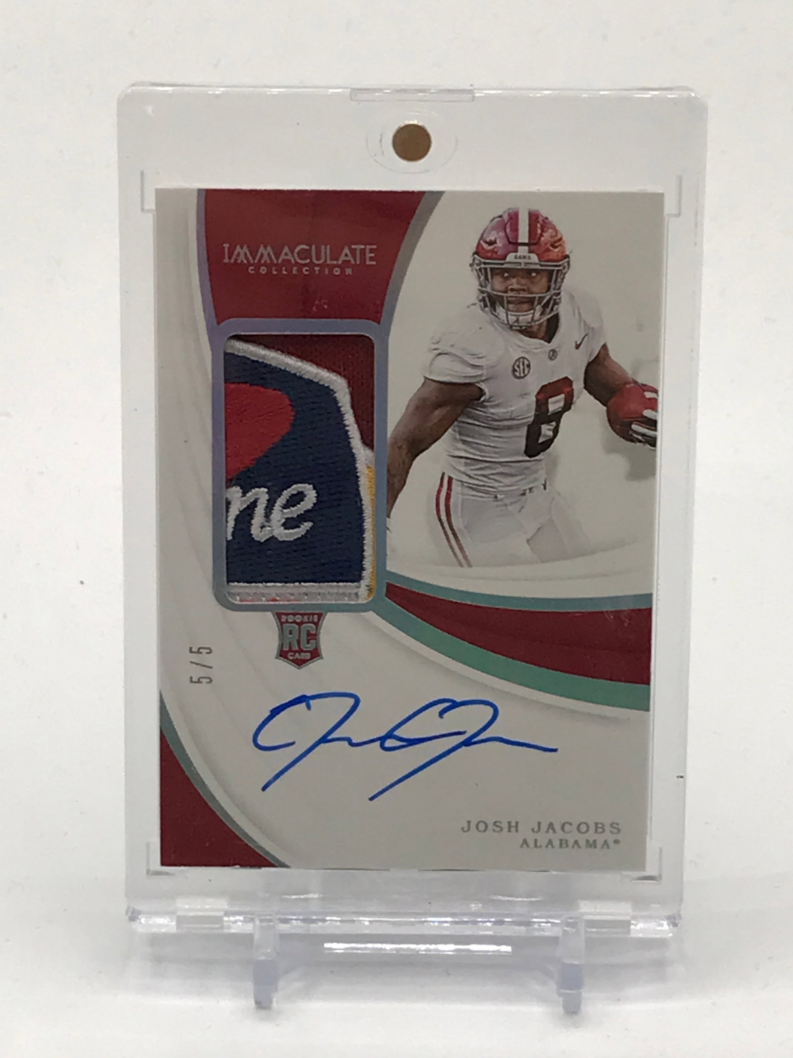2019 PANINI IMMACULATE COLLECTION COLLEGIATE JOSH JACOBS SIGNED PATCH ROOKIE TRADING CARD 5/5 (1 of 2)