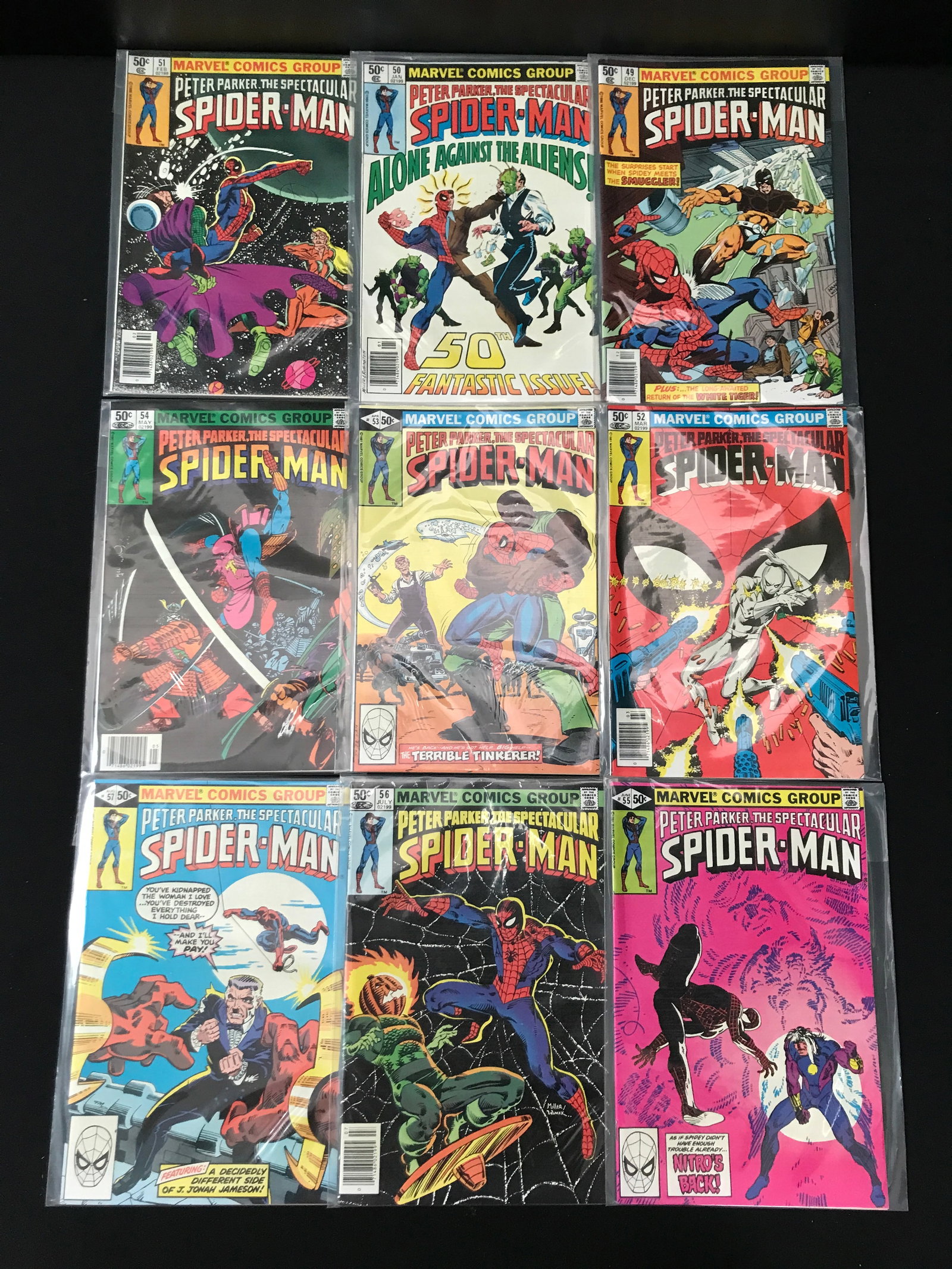LOT OF 9 PETER PARKER THE SPECTACULAR SPIDERMAN COMICS #49 - #57 - MARVEL COMICS: Prices are in Canadian dollars