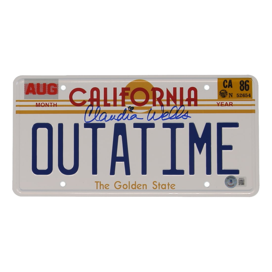 CLAUDIA WELLS SIGNED OUTATIME LICENSE PLATE - BECKETT COA: Prices are in Canadian dollars