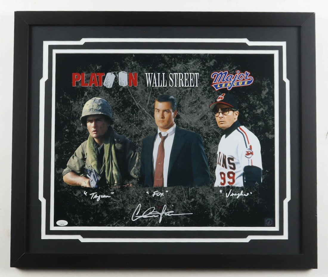CHARLIE SHEEN SIGNED AND FRAMED MOVIE PRESENTATION PIECE - JSA COA: Prices are in Canadian dollars