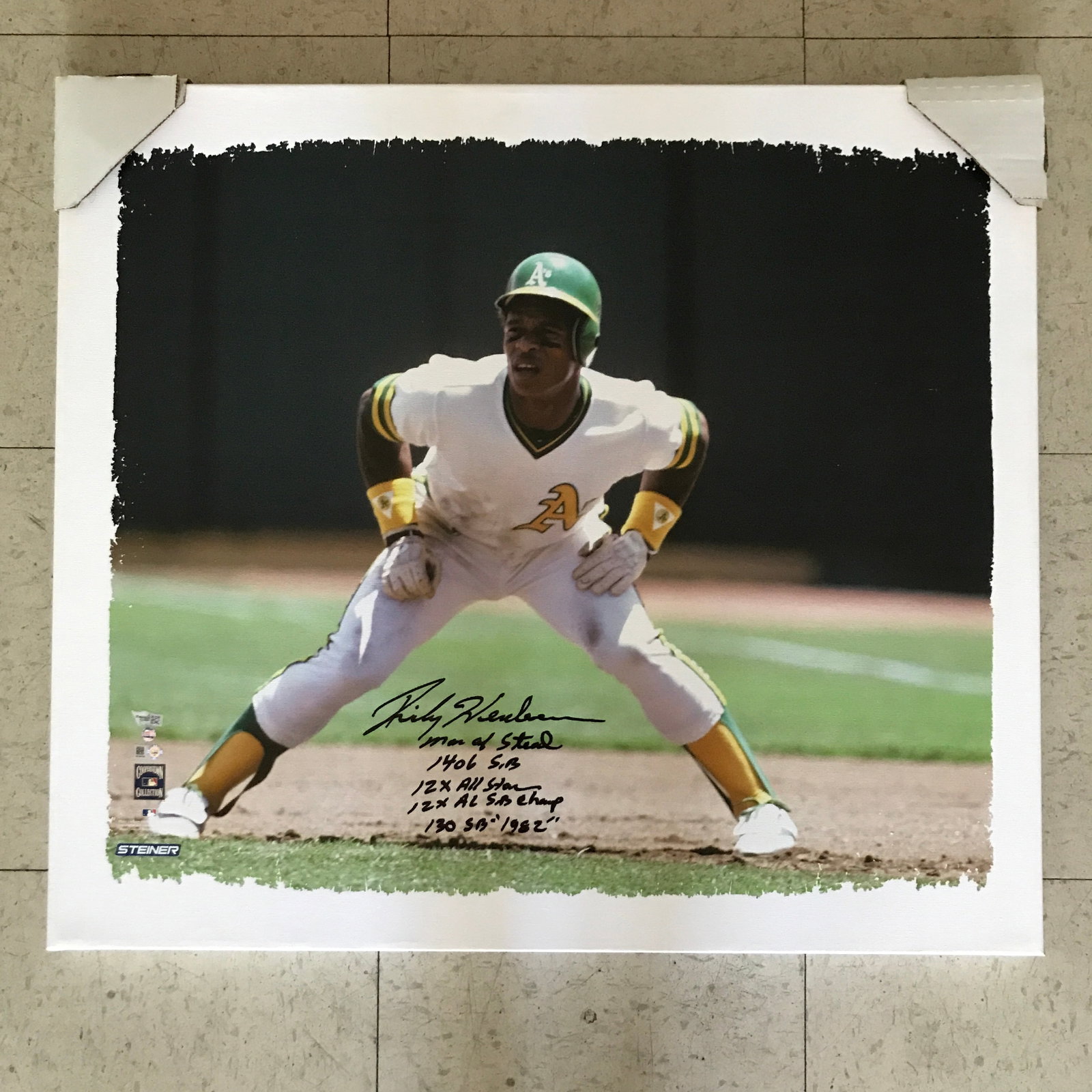 RICKY HENDERSON SIGNED 24 X 30 FRAMED CANVAS W 5 INSCRIPTIONS (FANATICS COA): Prices are in Canadian dollars