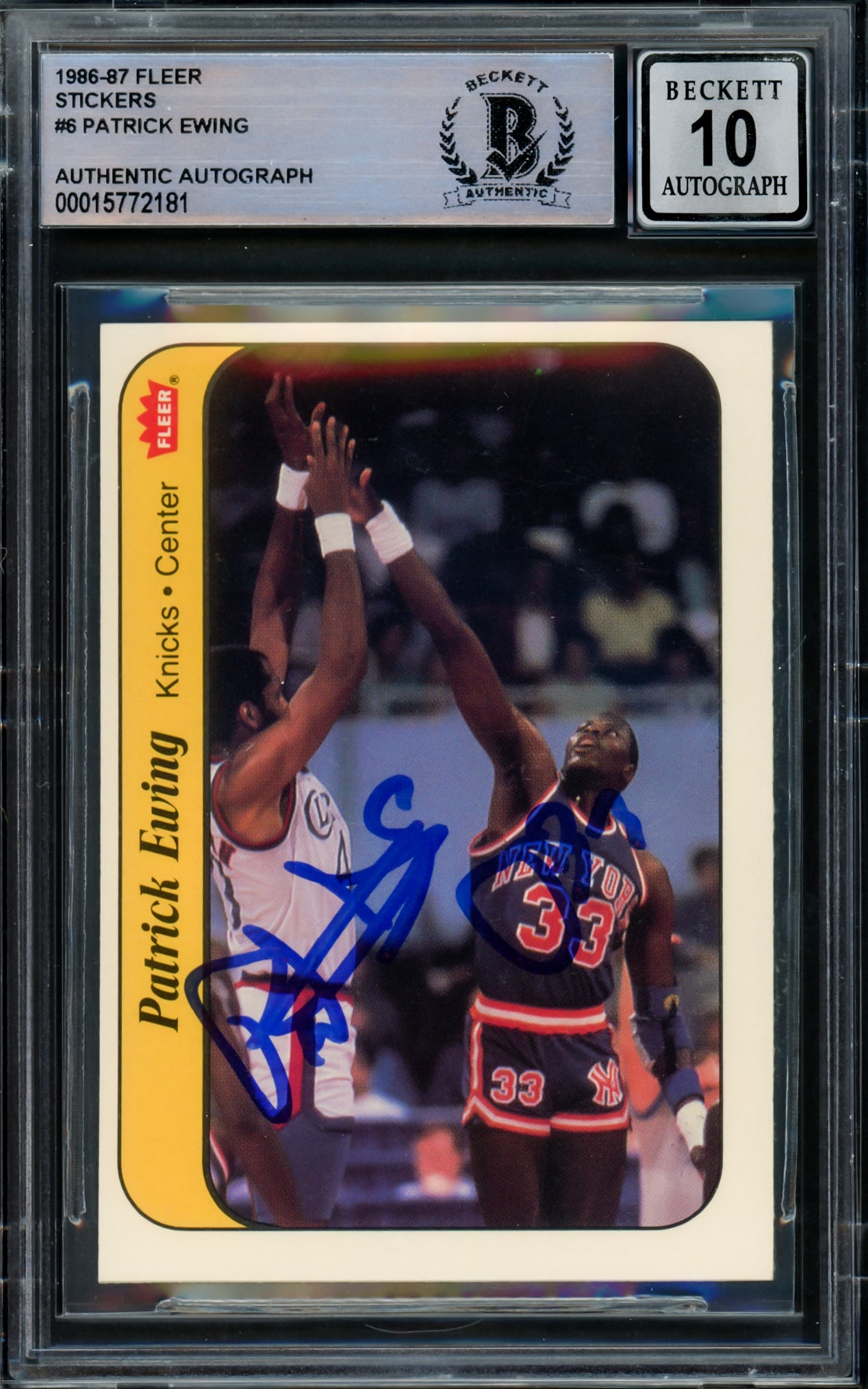 1986-87 FLEER STICKERS PATRICK EWING SIGNED TRADING CARD - BECKETT AUTOGRAPH GRADE 10 (1 of 2)