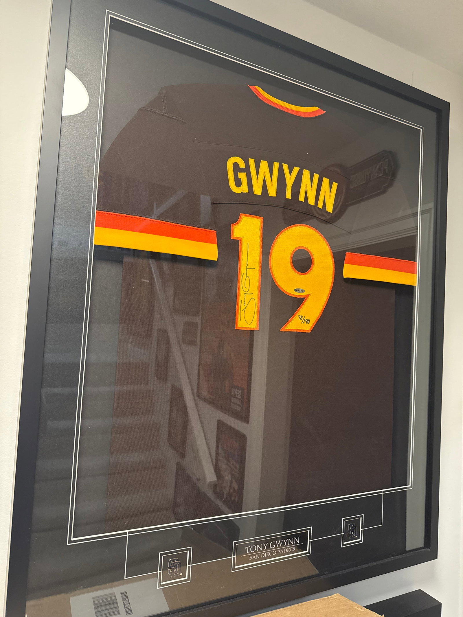 LTF EDITION CUSTOM FRAMED TONY GWYNN SIGNED PADRES JERSEY 72/190 (UPPER DECK COA) (1 of 2)