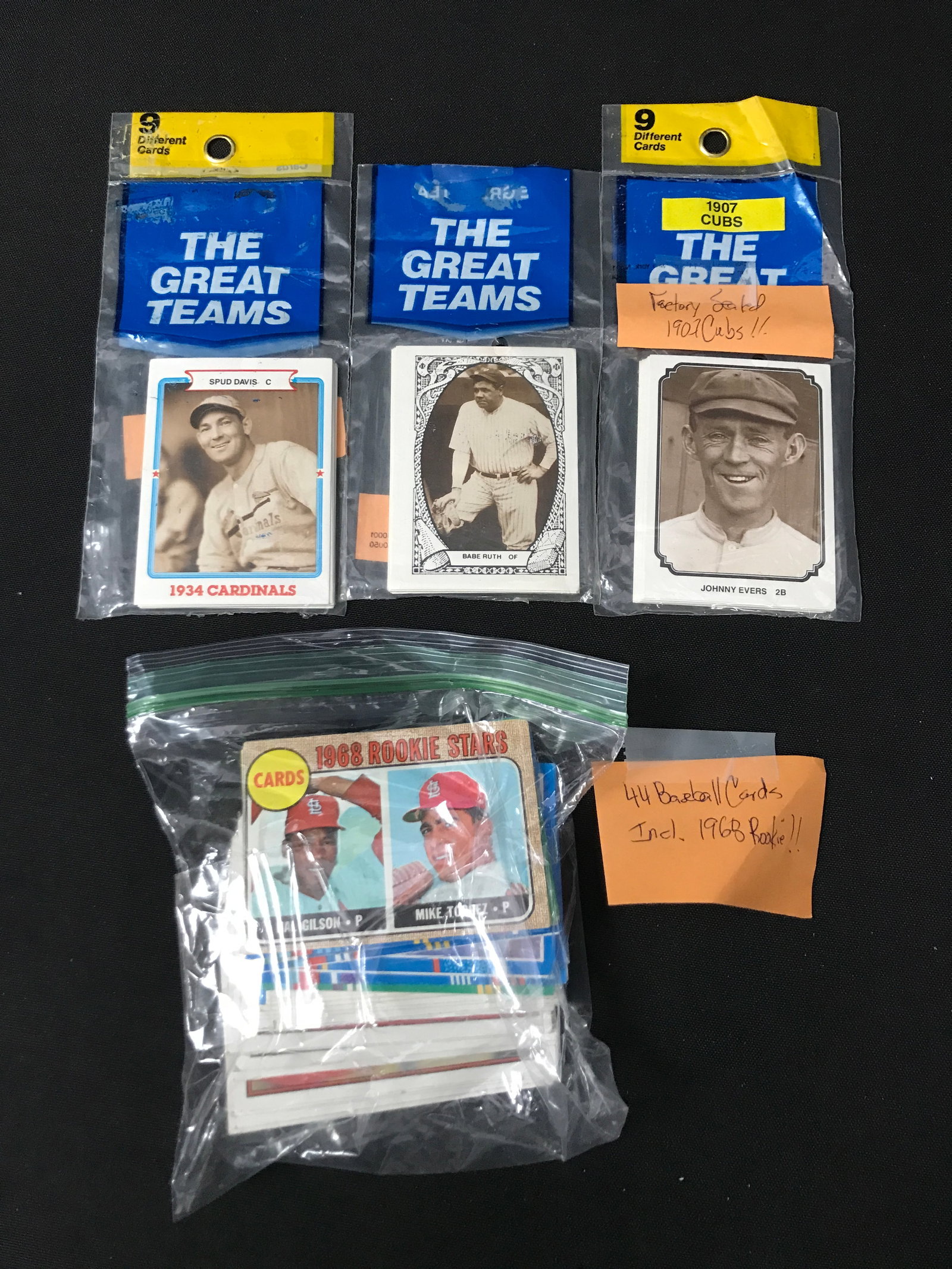 LOT OF 3 THE GREAT TEAMS SEALED BAGS AND AN ADDITIONAL BAG OF BASEBALL TRADING CARDS (1 of 1)