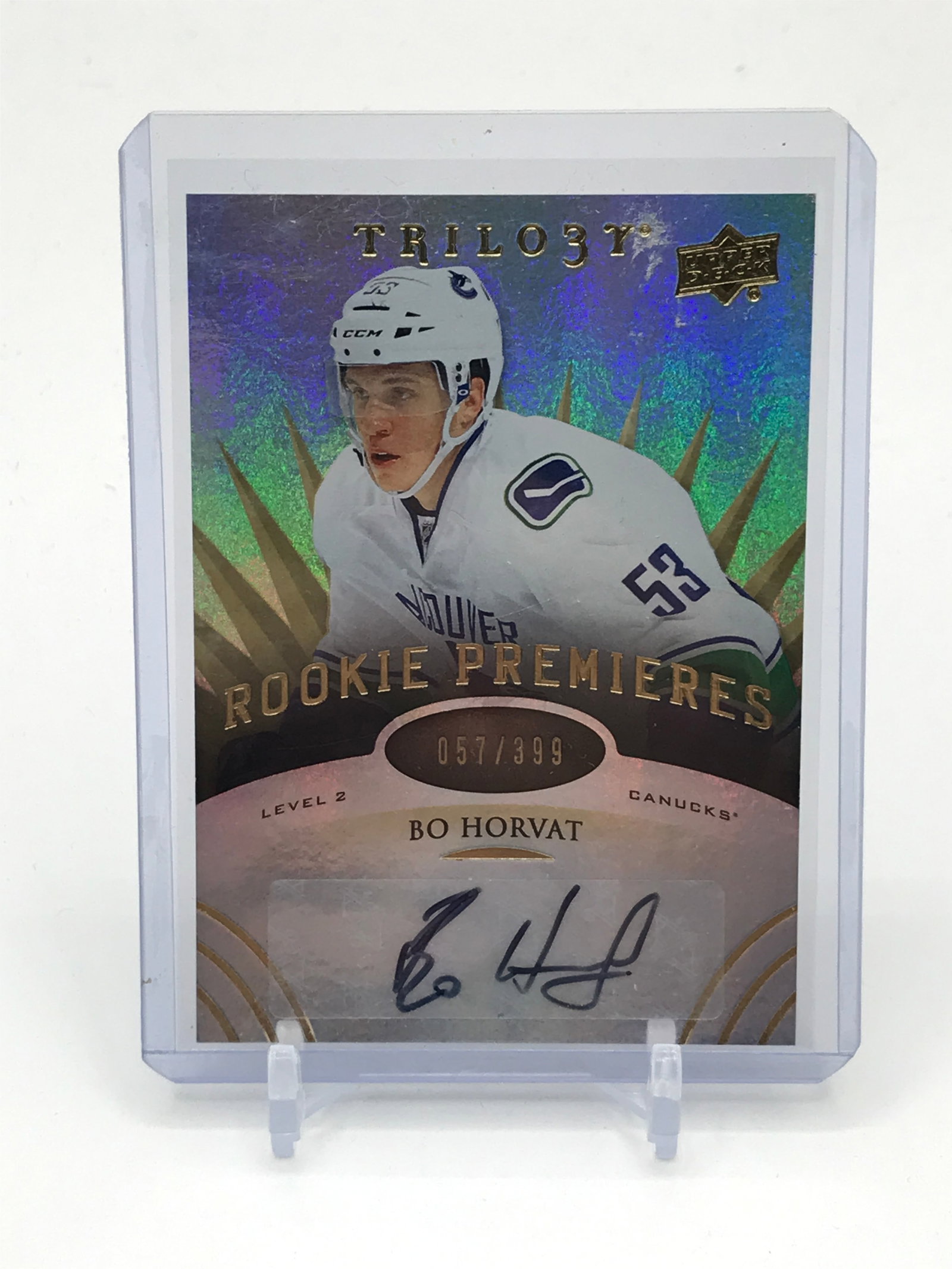 2014-15 UPPER DECK TRILOGY HOCKEY BO HORVAT SIGNED ROOKIE PREMIERES TRADING CARD 057/399: Prices are in Canadian dollars