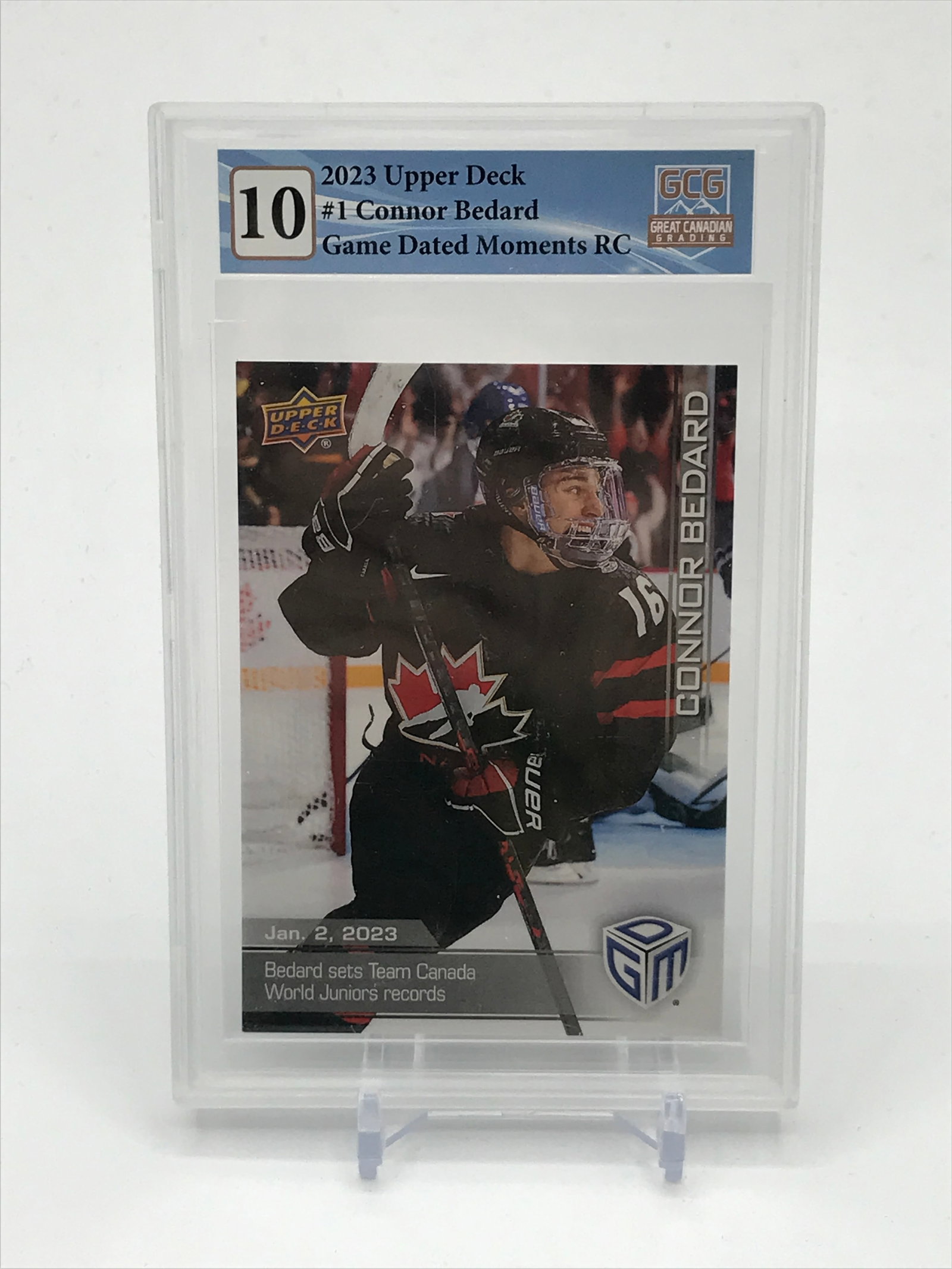 2023 UPPER DECK CONNOR BEDARD GAME DATED MOMENTS ROOKIE TRADING CARD - GCG GRADE 10 (1 of 2)