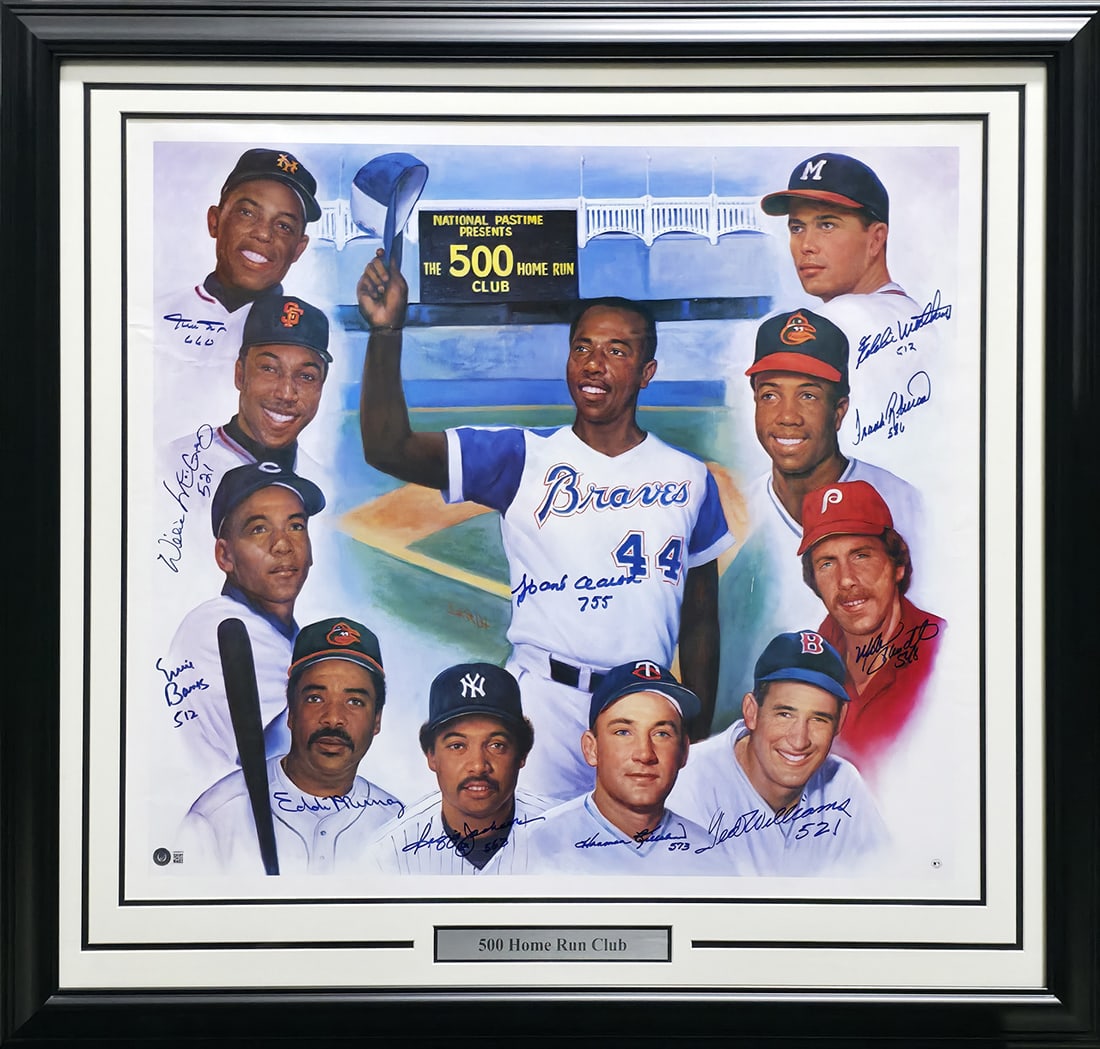 500 Home Run HR Club Autographed Framed 28x30 Photo With 11 Signatures Including Mays & AARON: This is a Framed 28x30 Photo, approximately 36x38 with the frame, that has been hand signed by 11 members of 500 Home Run HR Club. Signed and inscribed their respective home run totals by Willie