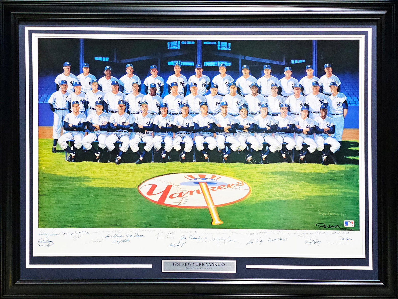 1961 New York Yankees Autographed Framed 24x36 Lithograph Photo With 34 SigS (Mantle Berra) psa coa: This is a Framed 24x36 Lithograph Photo, approximately 33x44 with the frame, that has been hand signed by 34 members of the 1961 New York Yankees. These members are: MICKEY MANTLE, YOGI BERRA, WHITEY 