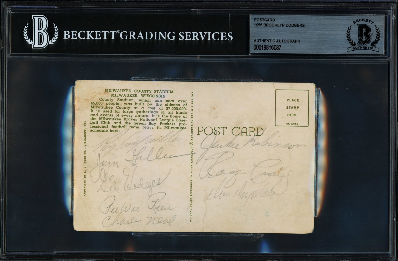 1956 Brooklyn Dodgers Legends Autographed Postcard With 8 Sig Including Jackie Robinson Beckett coa (1 of 2)