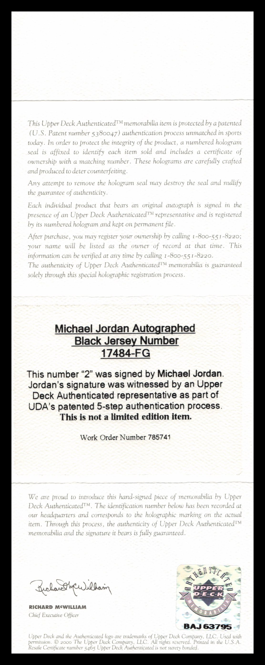 MICHAEL JORDAN SIGNED AND FRAMED JERSEY PRESENTATION PIECE - UPPER DECK COA - 4