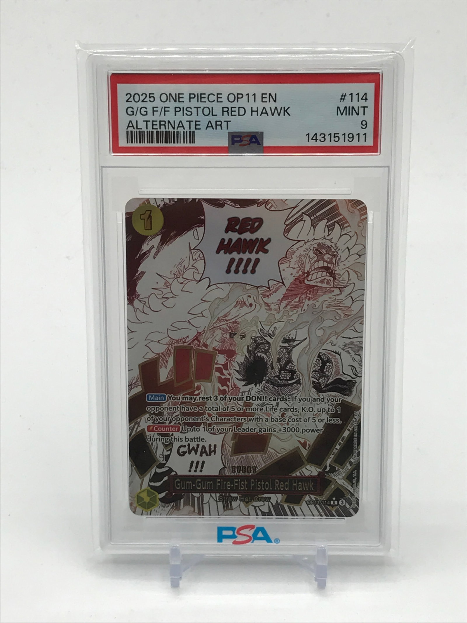 2025 ONE PIECE OP11 EN G/G F/F PISTOL RED HAWK ALTERNATIVE ART TRADING CARD - PSA GRADE 10: Prices are in Canadian dollars