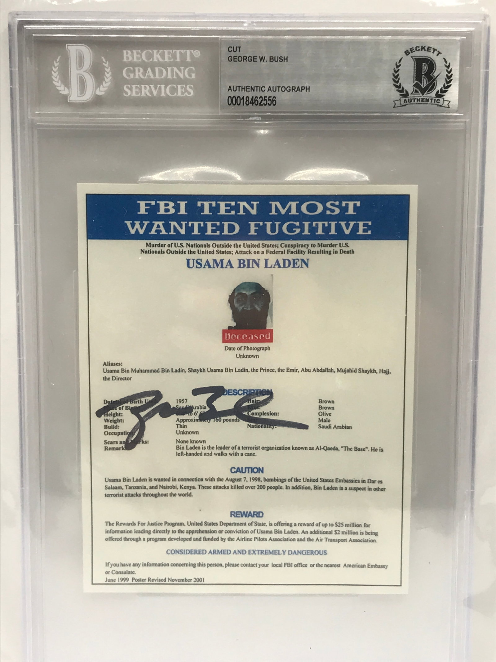 GEORGE W BUSH SIGNED F.B.I'S MOST WANTED BIN LADEN PAGE - BECKETT ENCAPSULATED (1 of 1)