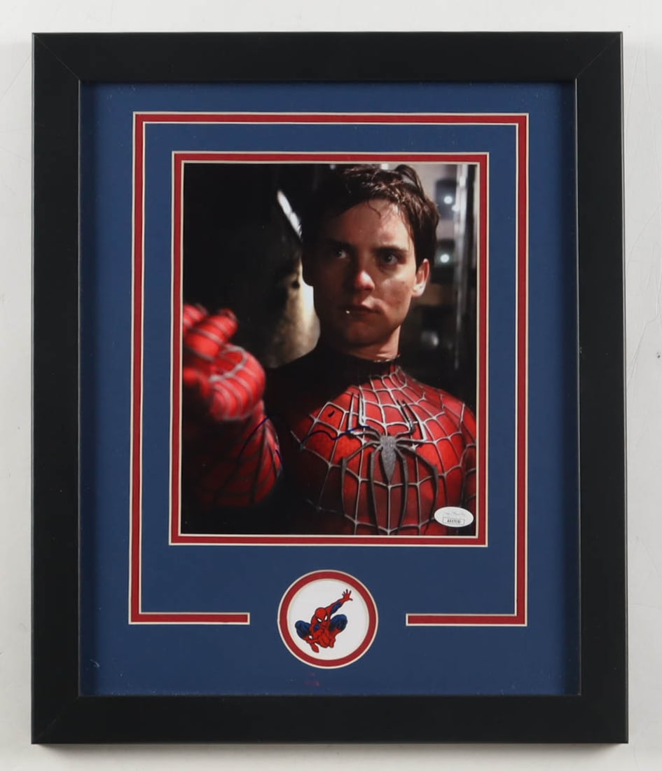 TOBEY MAGUIRE SIGNED AND FRAMED SPIDERMAN 8X10 - JSA COA: Prices are in Canadian dollars
