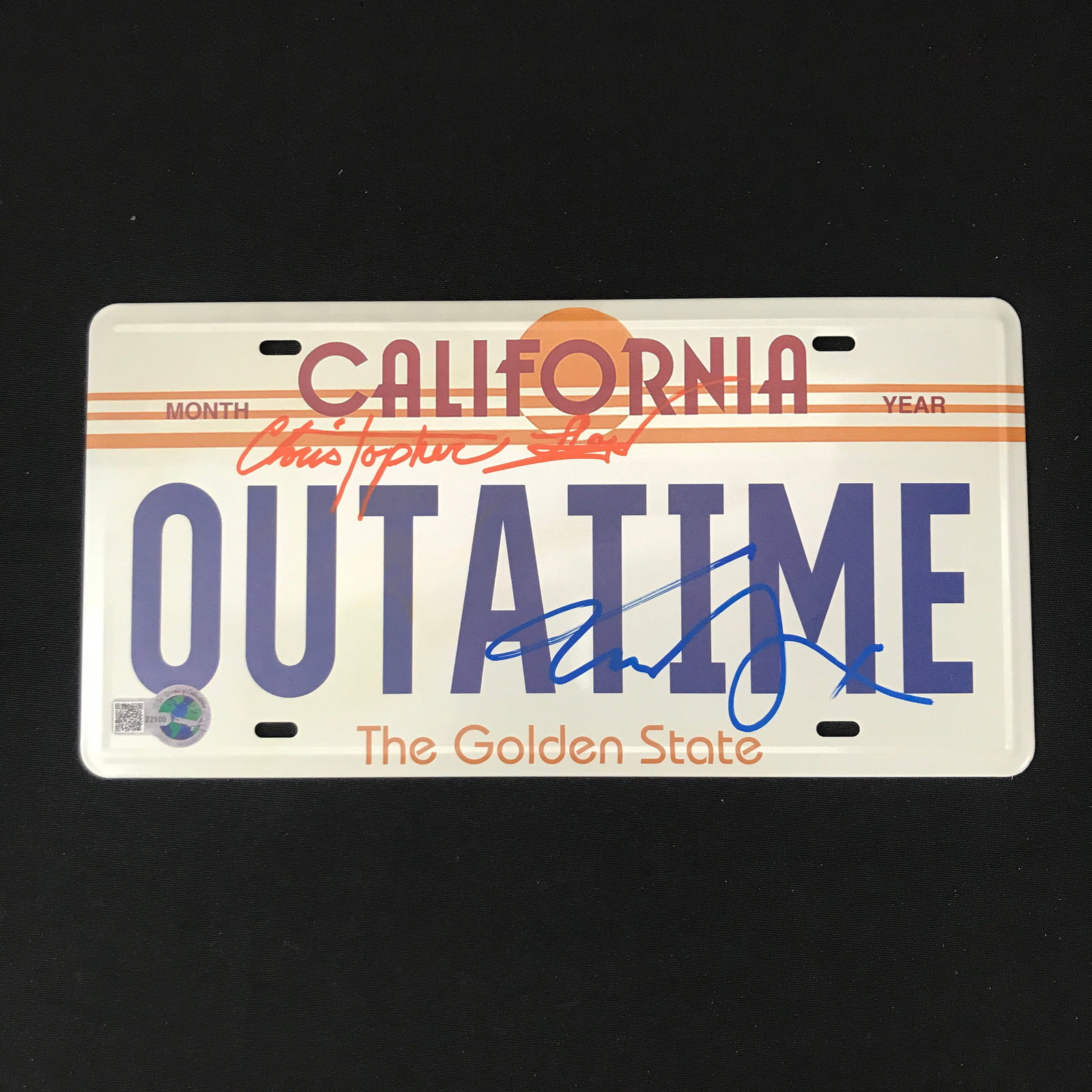 CHRISTOPHER LLOYD AND MICHAEL J FOX DUAL SIGNED OUTATIME B.T.T.F LICENSE PLATE - WWOC COA: Prices are in Canadian dollars