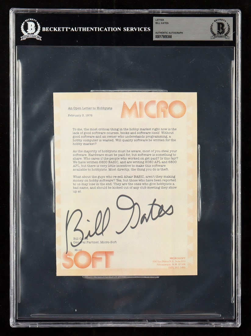 BILL GATES SIGNED MICRO-SOFT LETTER - BECKETT ENCAPSULATED: Prices are in Canadian dollars