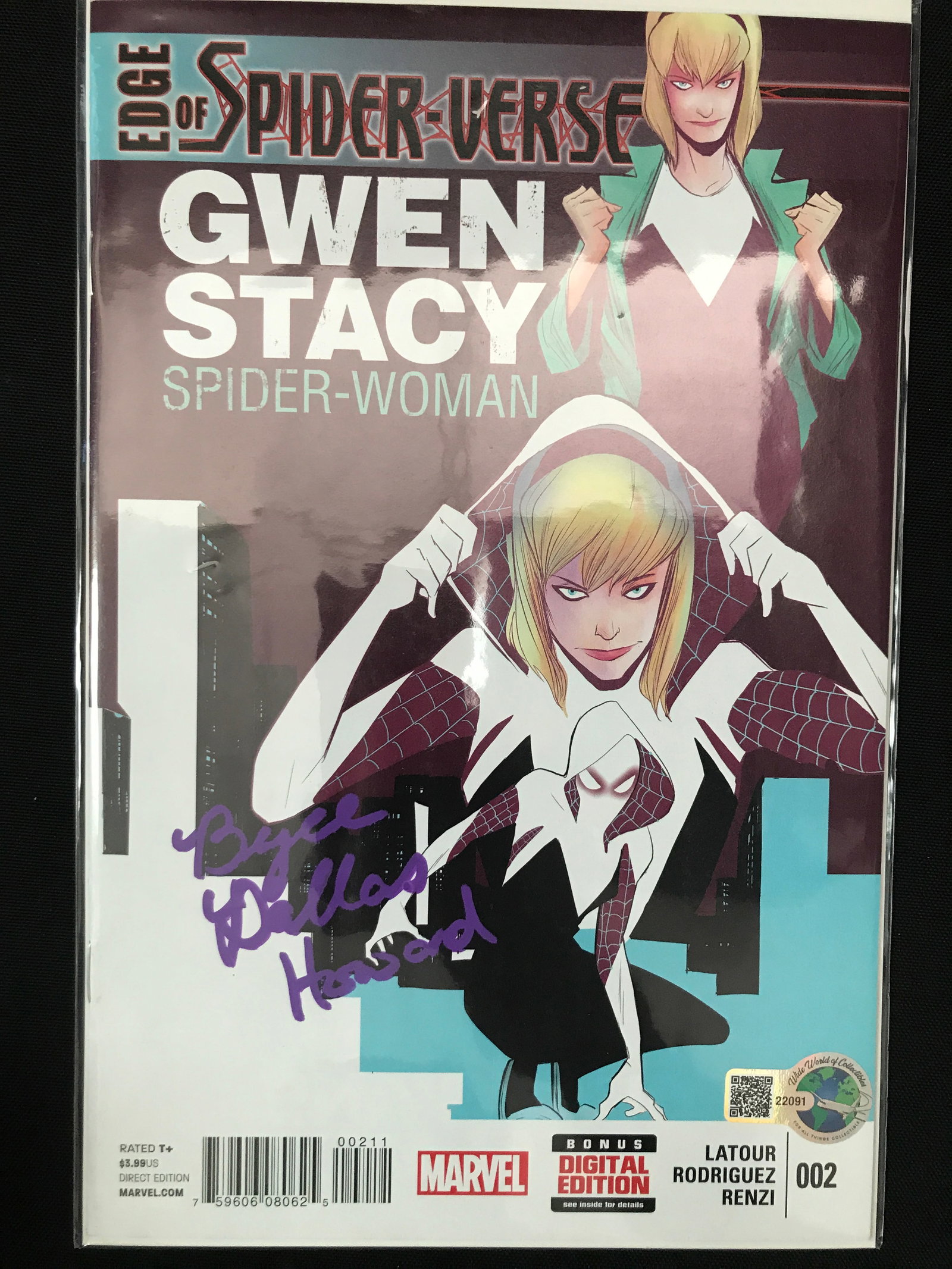 BRYCE DALLAS HOWARD SIGNED SPIDER-GWEN COMIC (1ST PRINTING) - WWOC COA: Prices are in Canadian dollars