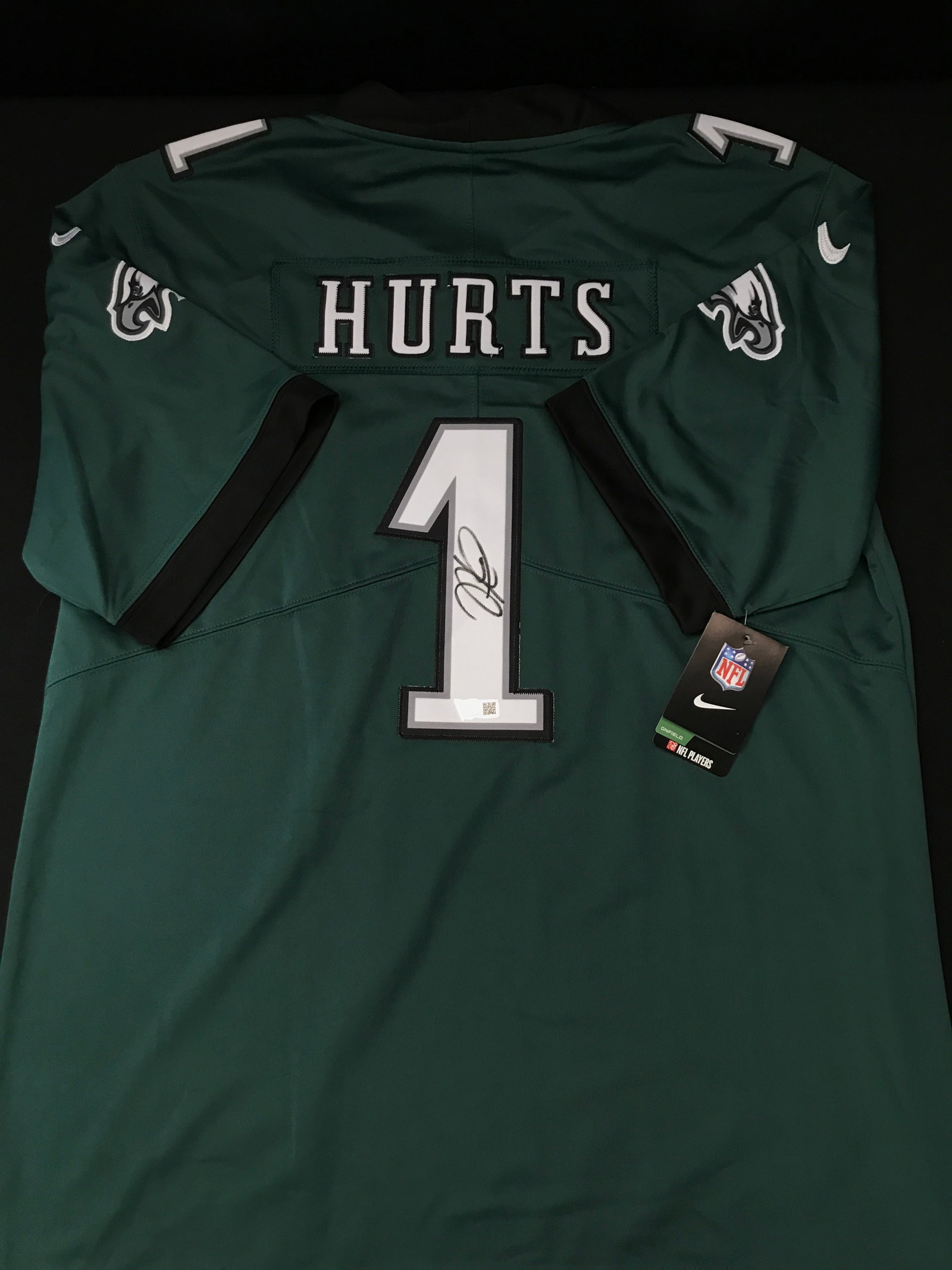 JALEN HURTS SIGNED PHILADELPHIA EAGLES CUSTOM FOOTBALL JERSEY - ACE COA: Prices are in Canadian dollars