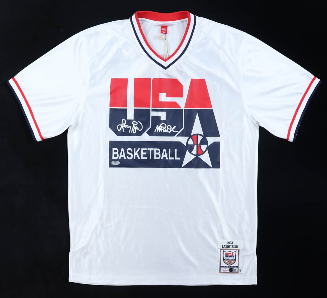 LARRY BIRD AND MAGIC JOHNSON SIGNED USA BASKETBALL JERSEY - PSA COA: Prices are in Canadian dollars