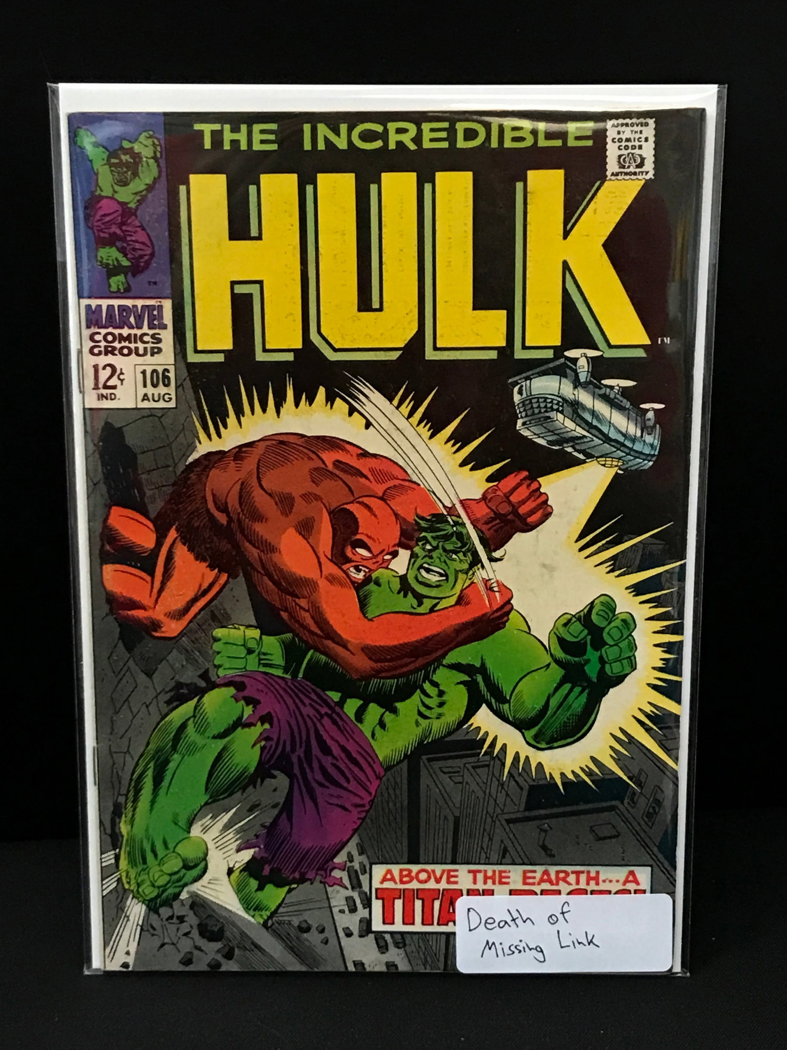 THE INCREDIBLE HULK #106 DEATH OF THE MISSING LINK - MARVEL COMICS: Prices are in Canadian dollars