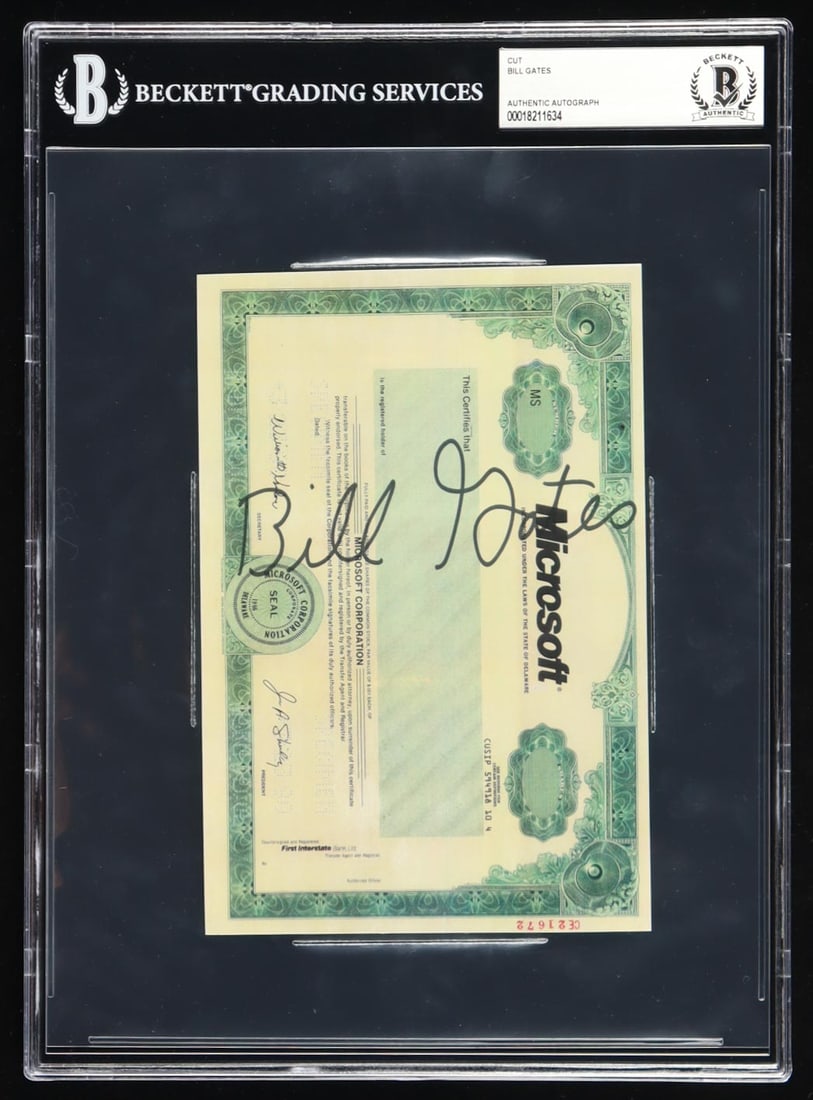 BILL GATES SIGNED MICROSOFT SHARE CERTIFICATE - BECKETT ENCAPSULATED: Prices are in Canadian dollars