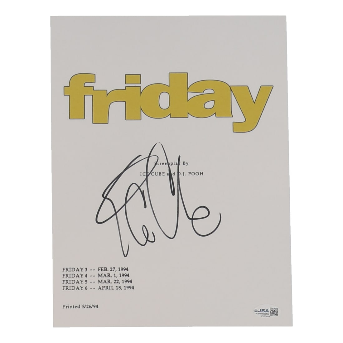 ICE CUBE SIGNED FRIDAY SCRIPT COVER SHEET - JSA COA