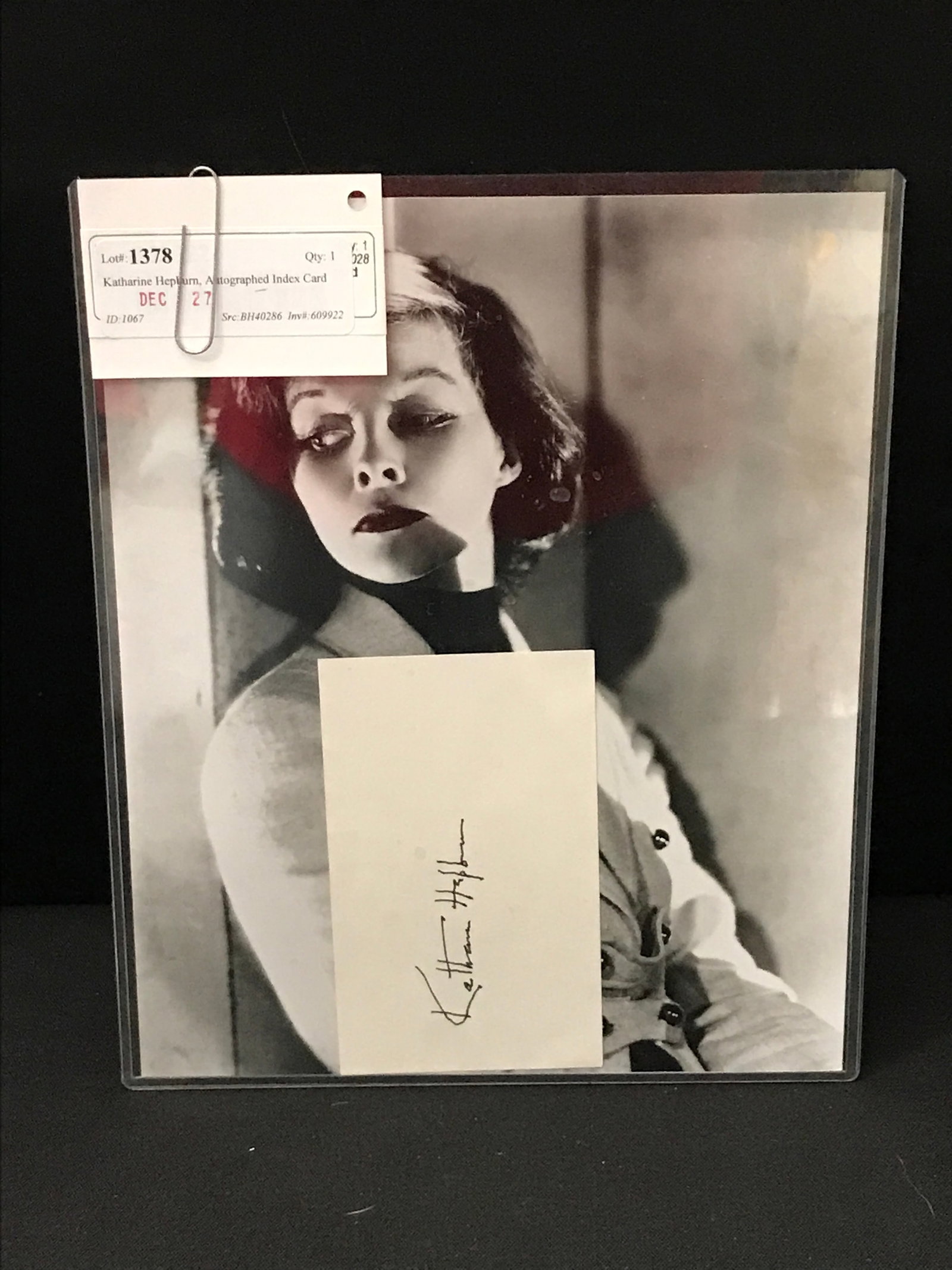 KATHRYN HEPBURN SIGNED INDEX CARD WITH 8 X 10 PHOTO: Prices are in Canadian dollars