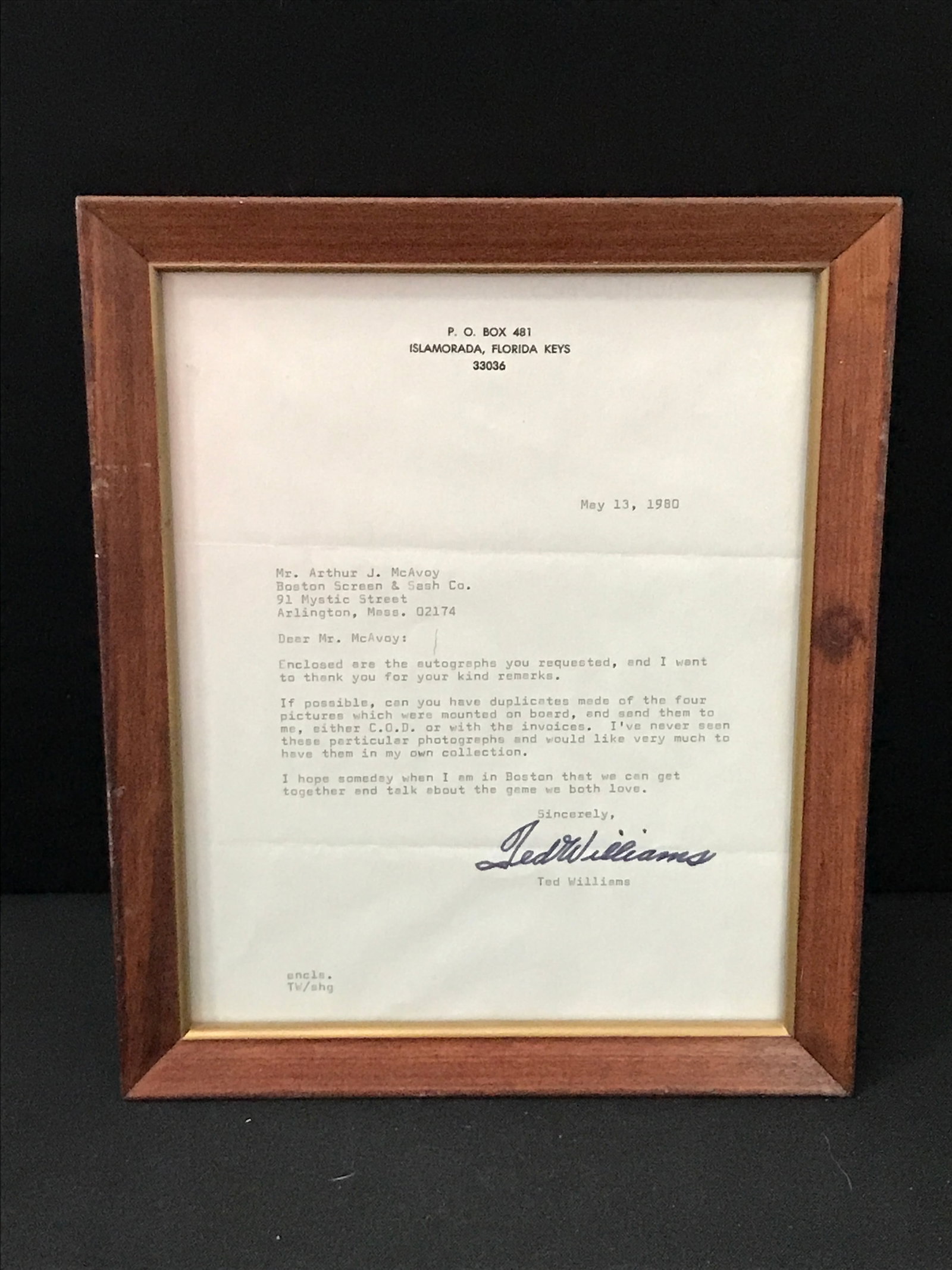 1980 TED WILLIAMS SIGNED CONTRACT WITH FRAME: Prices are in Canadian dollars